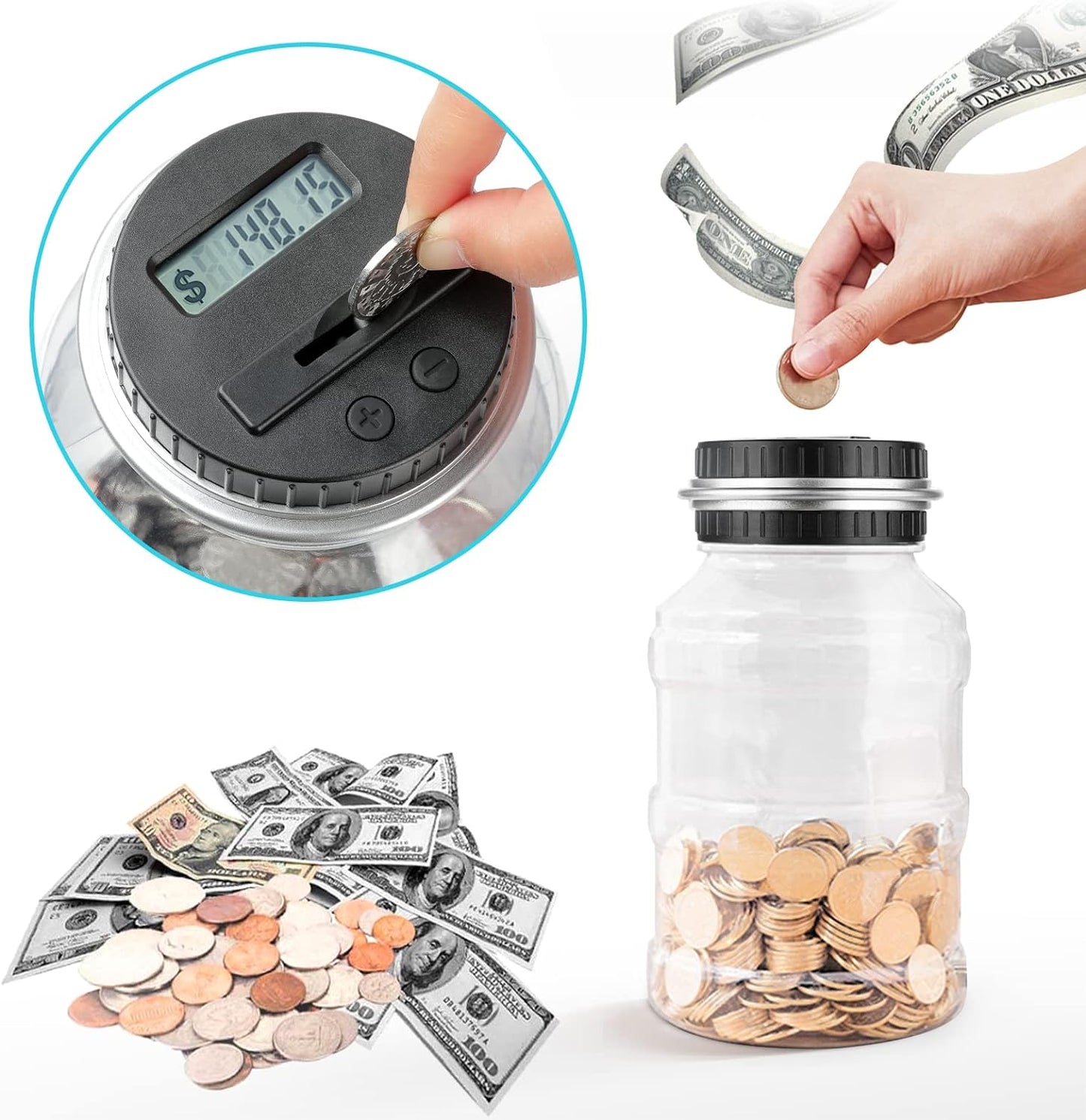 Large Piggy Bank for Boys Adults, Vcertcpl Digital Coin Counting Bank with LCD Counter, 1.8L Capacity Coin Bank Money Jar for Adults, Designed for All US Coins (Silver)