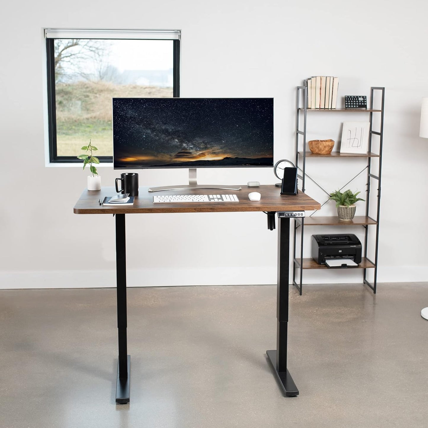 VIVO Electric 48 x 30 in Rustic Standing Desk, Memory Height Adjustment, 1B Series, One-Piece Vintage Brown Top, Black Frame, DESK-KIT-1B5N