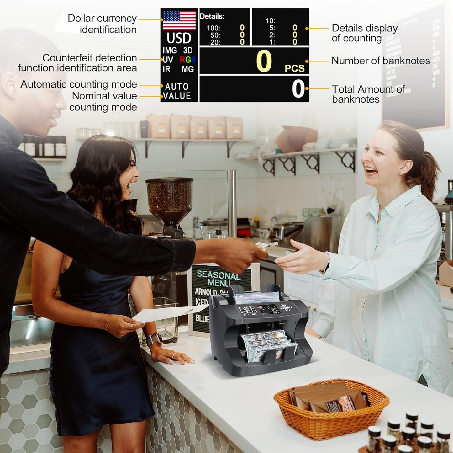 N10 Money Counter Machine Mixed Denomination, Bill Value Counting for US Dollar with UV/MG/IR Counterfeit Detection, Small Business Commercial use