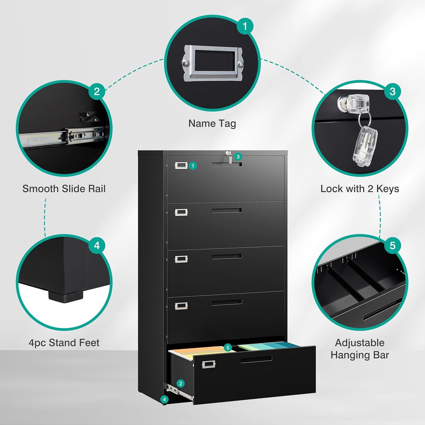 SISESOL 5 Drawer Lateral File Cabinet with Lock,Black Lateral Filing Cabinet,Horizontal Metal Filing Cabinets,Large Locked Wide Five Drawer File Cabinets for Office Home,Fit A4/F4/Letter/Legal File