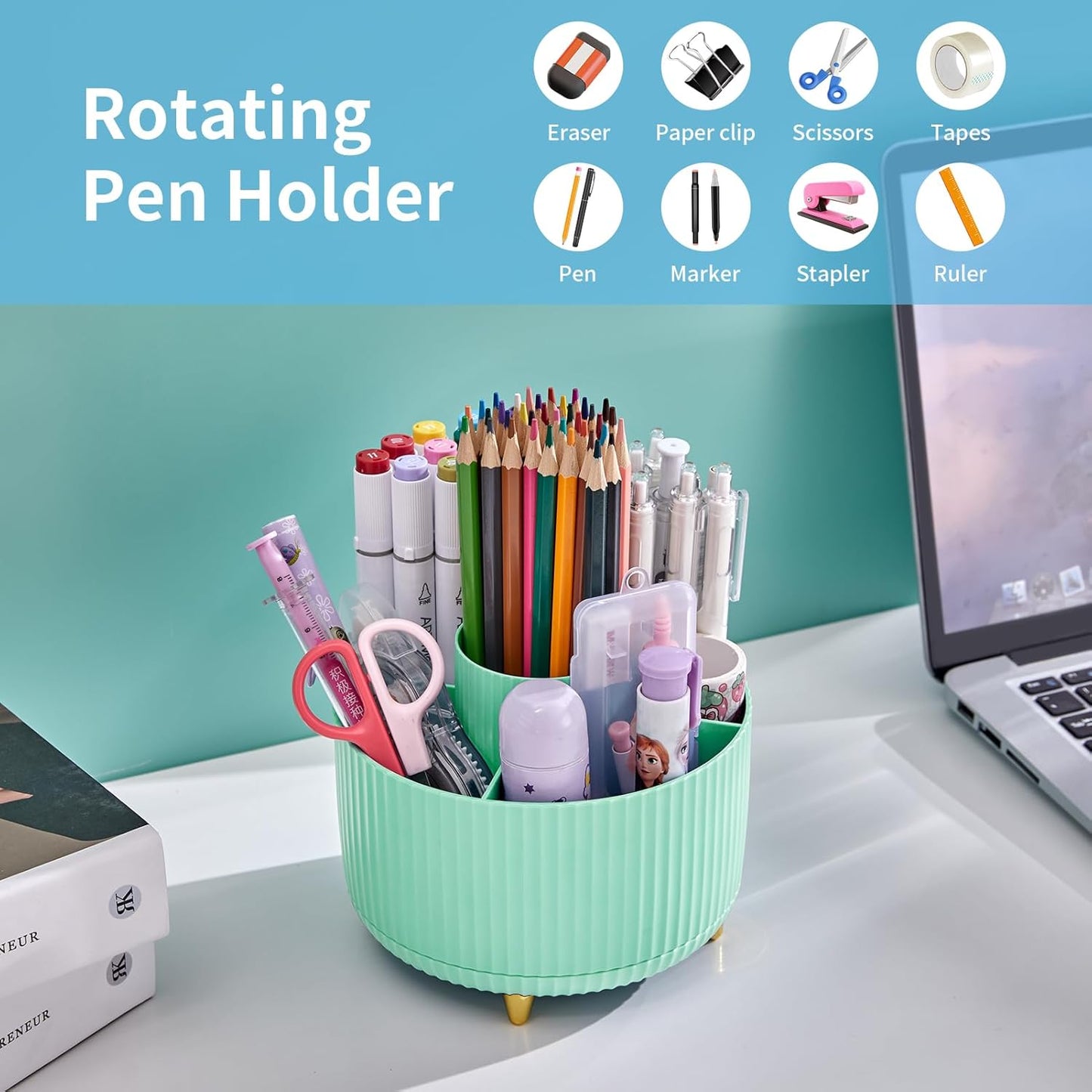 Marbrasse Desk Organizer, 360-Degree Rotating Pen Holder, Desk Organizers and Accessories with 5 Compartments Pencil Holder, Art Supply Storage Box Caddy for Office, Home (Mint Green)