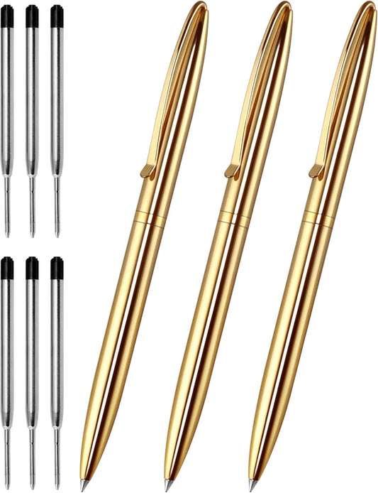 Cambond Ballpoint Pens Fancy Pens - Wedding Guest book with Pen for Journaling Uniform Christmas Gift Gold Pen Black Ink Pens 1.0mm Medium Point, 3 Pens with 6 Refills (Gold)