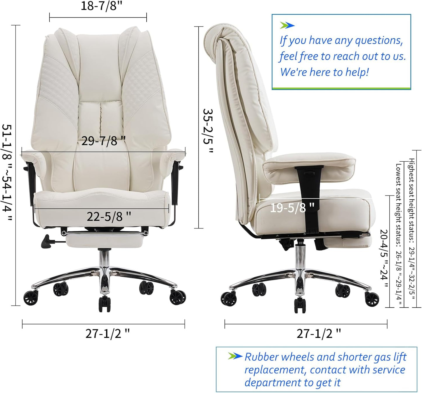 Big and Tall Office Chair 400lbs Wide Seat, Leather High Back Executive Office Chairs with Foot Rest, Ergonomic Lumbar Support for Lower Back Pain Relief (White)