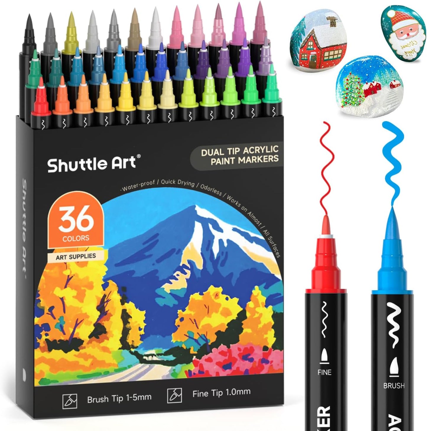 Shuttle Art 36 Colors Dual Tip Acrylic Paint Markers, Brush and Fine Tip for Rock Painting, Ceramic, Wood, Canvas, Plastic, Glass, Stone, Calligraphy, Card Making, DIY Crafts