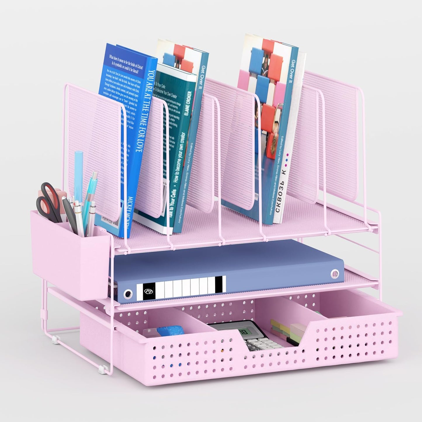 Desk Organizer, Office Organization with Vertical File Holder, File Organizer with Drawer and Pen Holder, Desk Accessories and Workspace Organizers for Home Office (Pink)