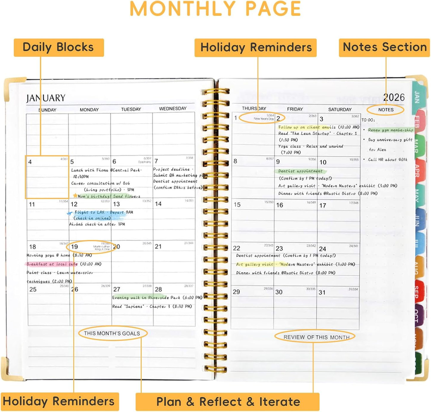 2026 Planner, A5 (6.3"x 8.5") Planner 2026 Jan-Dec, Monthly/Weekly/Daily Tabs with Contacts & Holidays, Hard Cover, Organizer for School and Business Supplies (Leaf)