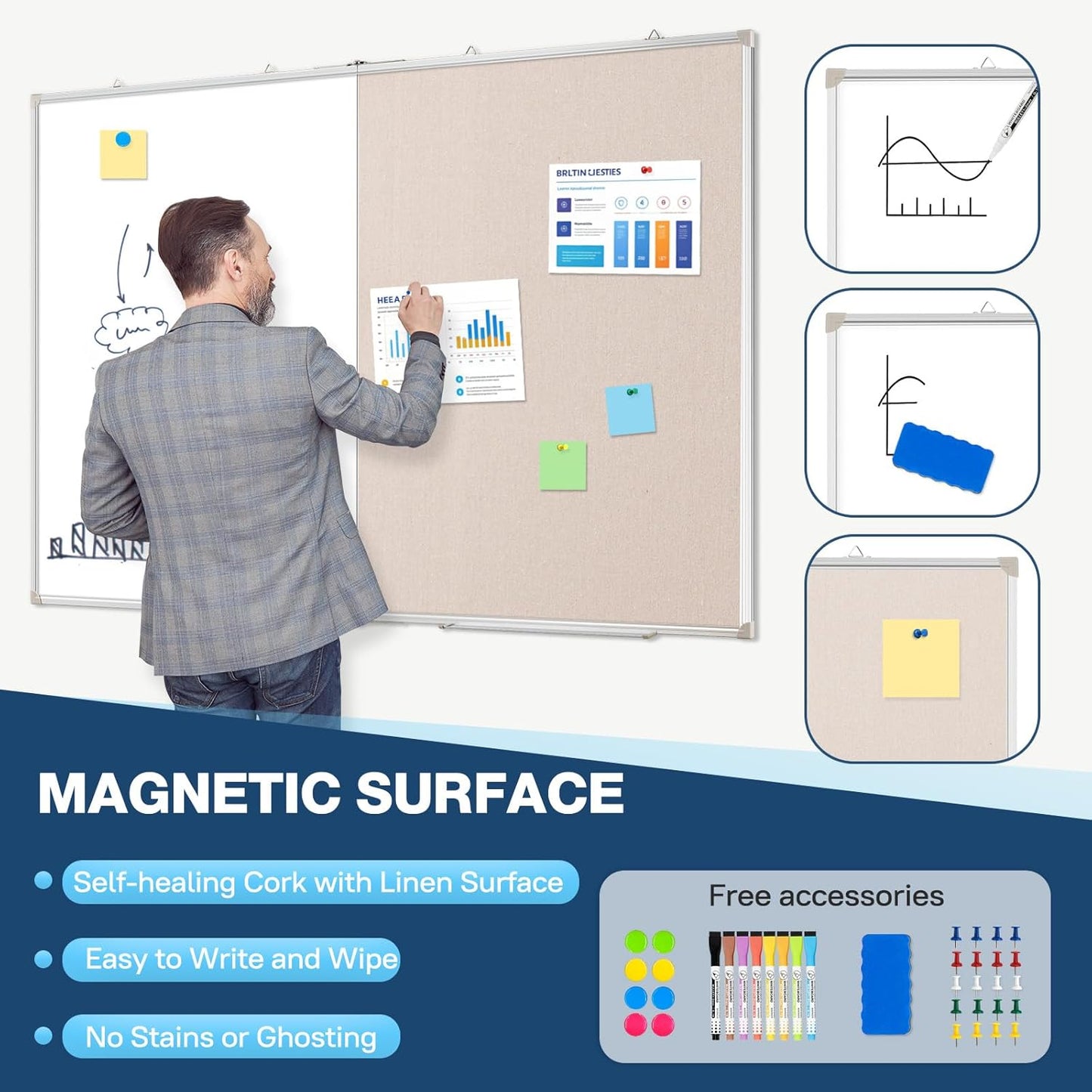 Large White Board Dry Erase Foldable Bulletin Board Combo, 60" x 40" Double Sided Dry Erase Board for Wall, Magnetic Whiteboard Bulletin Board with Linen for Office, Home, School, Kitchen -White