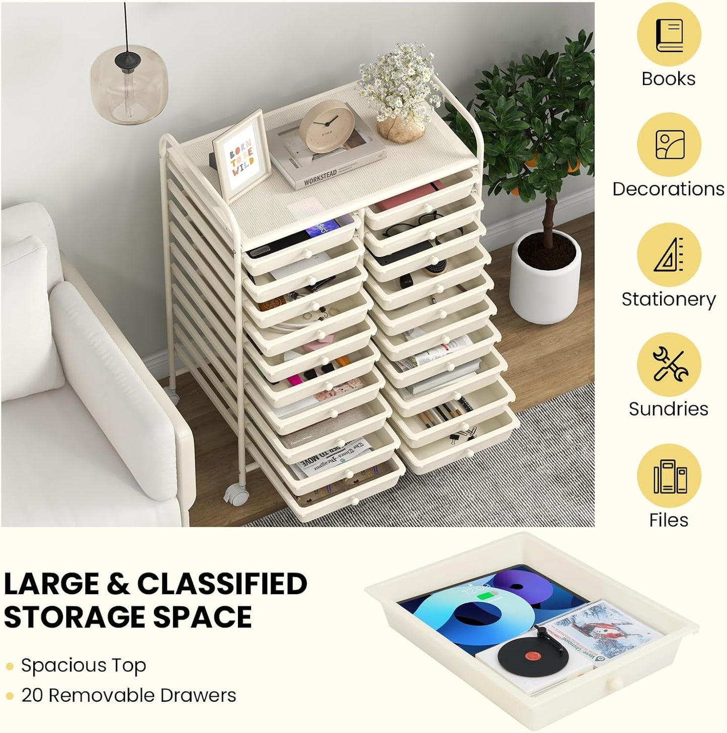 Giantex 20 Drawers Rolling Cart, Mobile Storage Drawer Cart, Classroom Organizer for Office School Supplies Tools Scrapbook Paper Craft Small Printer, Utility Stand on Wheels, Ivory White