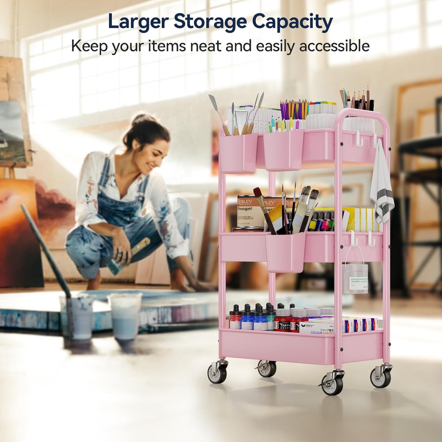 YASONIC 3-Tier Metal Rolling Cart, Heavy Duty Utility Cart with Lockable Wheels, Hanging Cups, Hooks, Mesh Rolling Storage Cart Craft Organizer, Lightweight and Sturdy, Pink