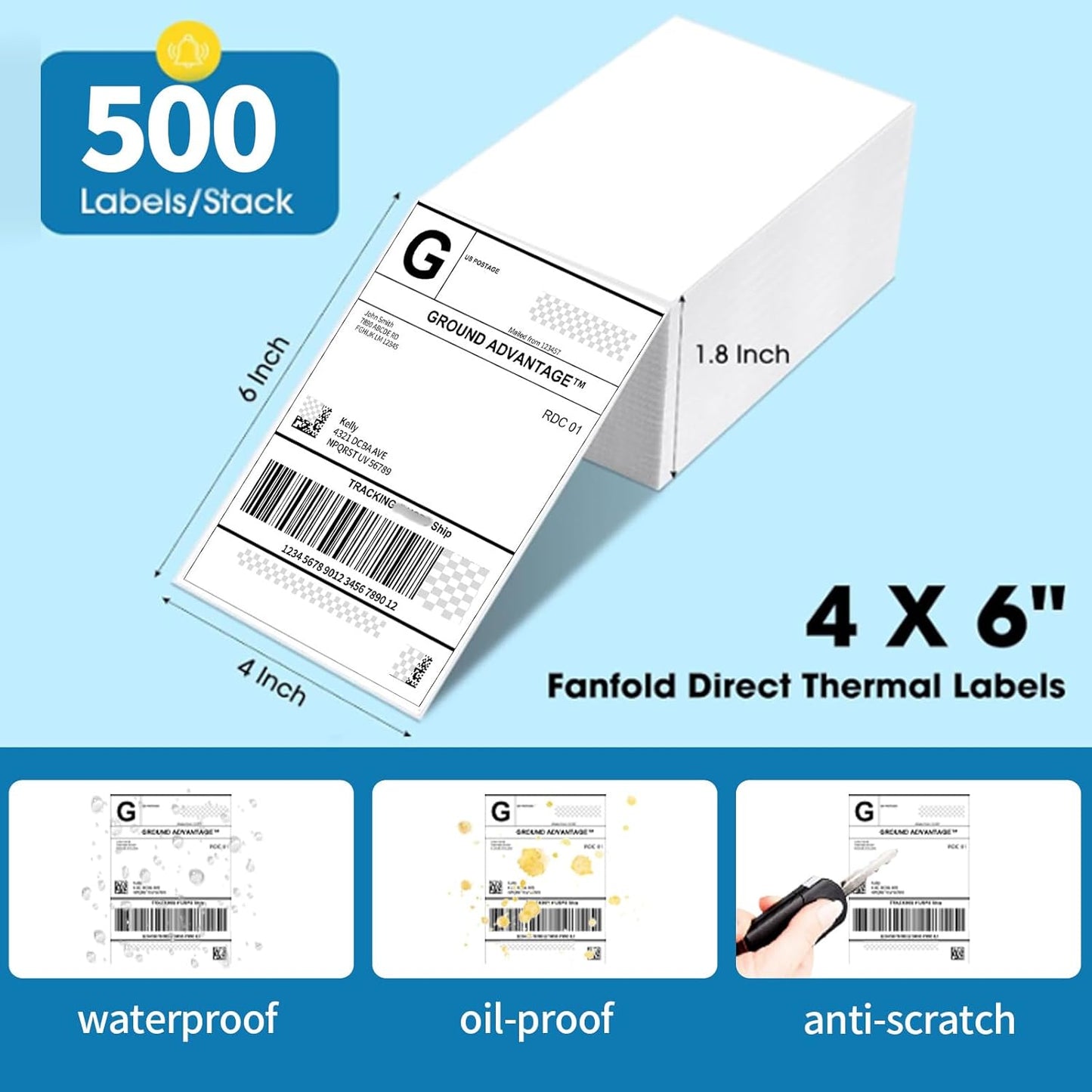 4"×6" Direct Thermal Shipping Label, Fanfold Thermal Label 1000 Packs (500packs Per Stack) Permanent Adhesive, Compatible with Zebra, Rollo, Jadens, Nelko