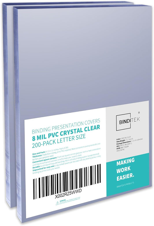 Binditek 200 Pack 8 Mil PVC Clear Binding Covers, 8.5 x 11 Inches, Letter Size, Square Corners, Un-Punched, Office Supplies