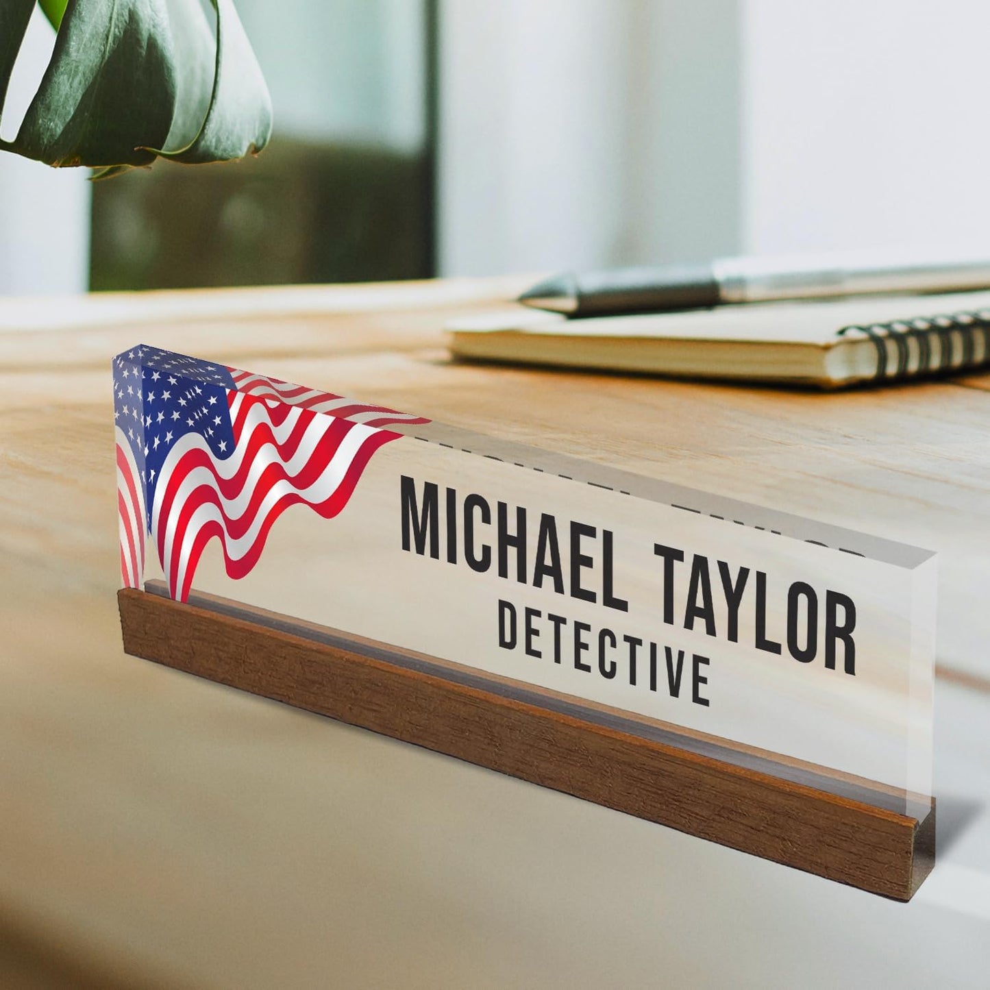 Artblox Personalized Office Desk Name Plate With Business Card Holder | Clear Acrylic Glass with Teak Wood Stand | Us Flag Design Customized with Your Name and Credentials Office Desk Décor