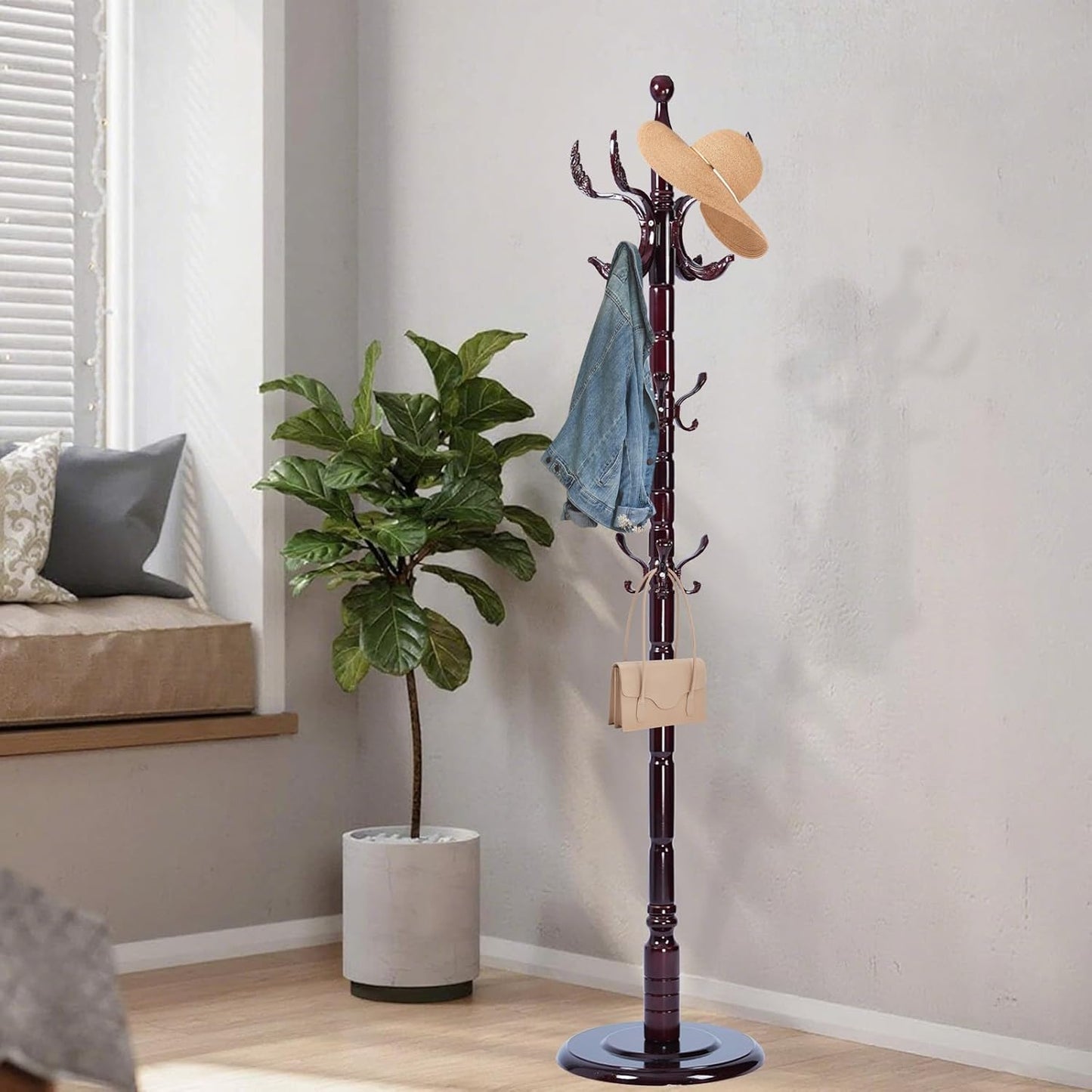 Wooden Coat Rack Freestanding with Resin Hooks, Adjustable Heavy Duty Stand for Hanging Coats, Bags, Hats, and Umbrellas in Living Room, Bedroom, Entryway (Rosewood-Phoenix Hook)