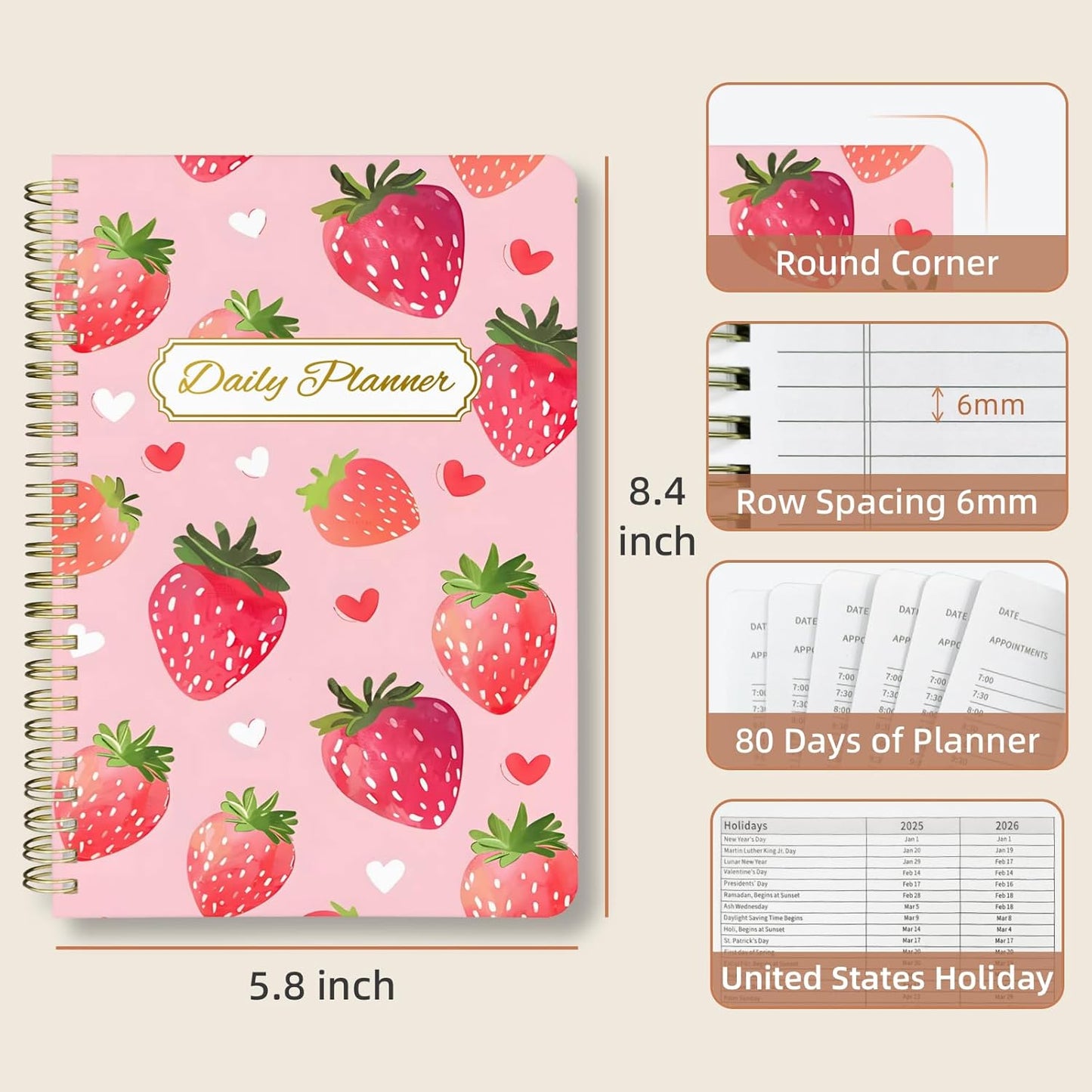 Undated Daily Planner - Spiral Notebook 80 Days One Day Per Page, Hourly Schedule, To-Do List, Notes, Everyday Planning Task, A5 Hardcover Journal Organizer Book Women Cute, Strawberry