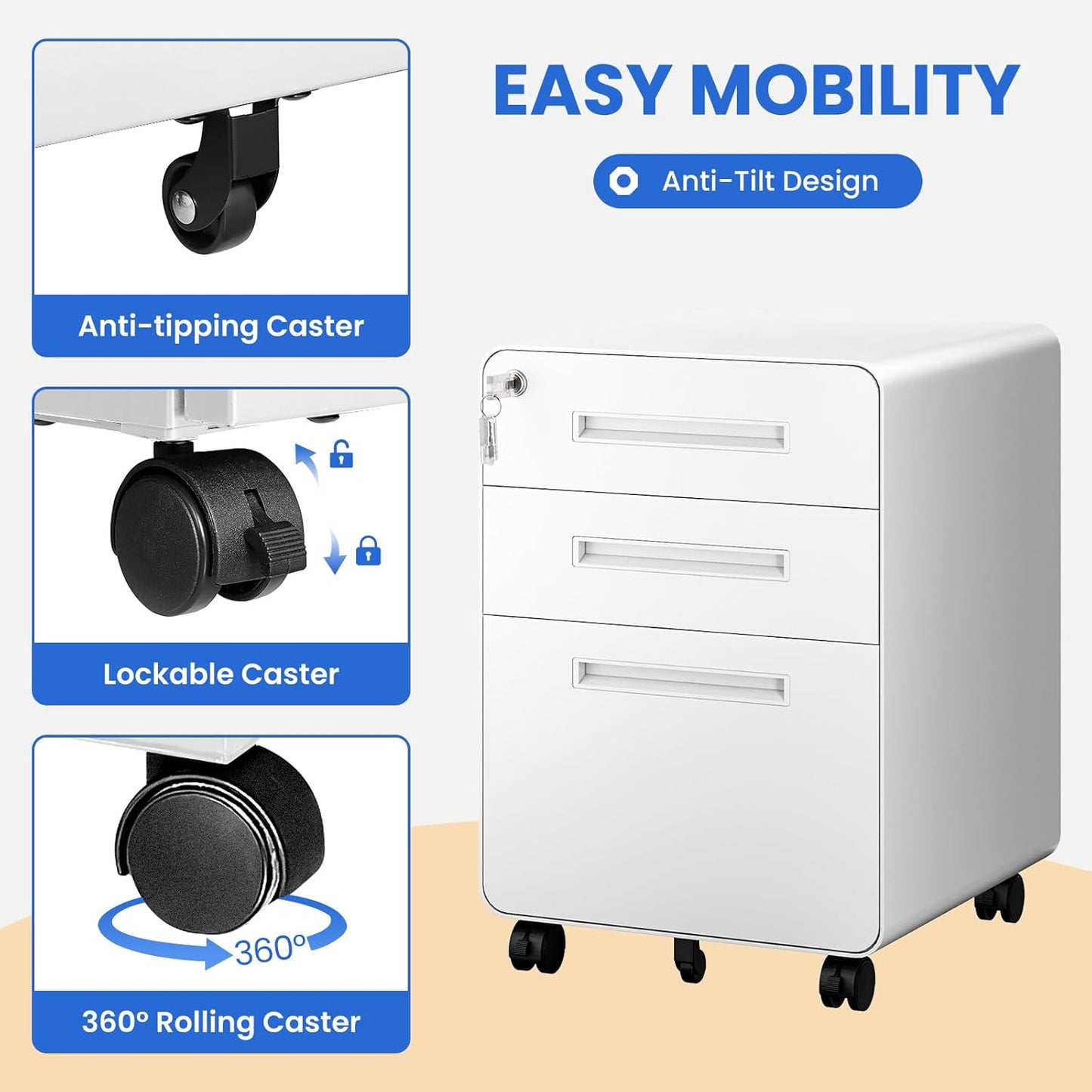 MIIIKO Mobile Filing Cabinet 3 Drawer, White Small File Cabinet with Lock Under Desk, Filing Cabinets for Home Office with Wheels, A4/Letter/Legal Hanging File Folders