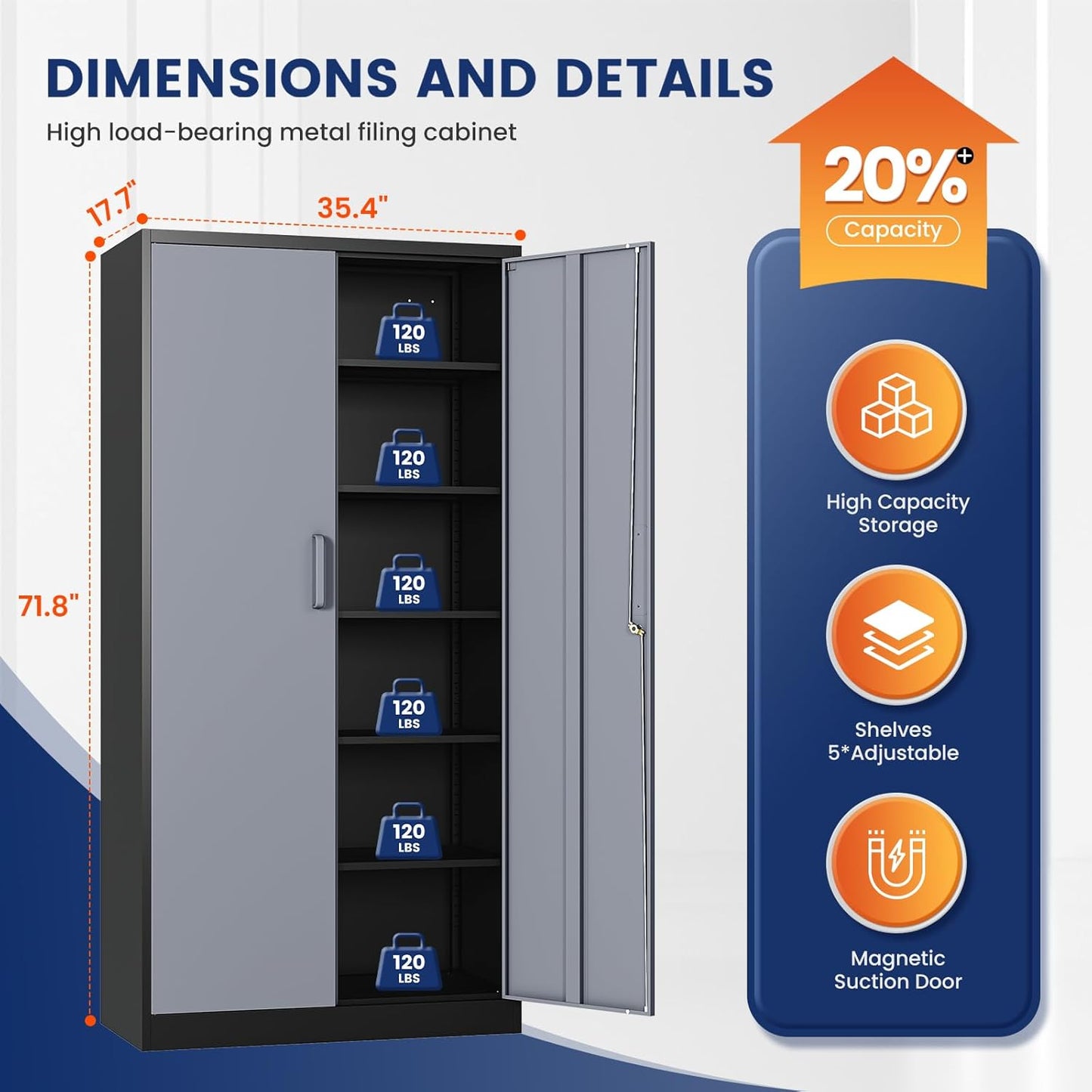 Yizosh Metal Storage Cabinet with Locking Doors and 5 Adjustable Shelves, 72" Garage Storage Cabinet Steel Lockable for Office,Home,Garage