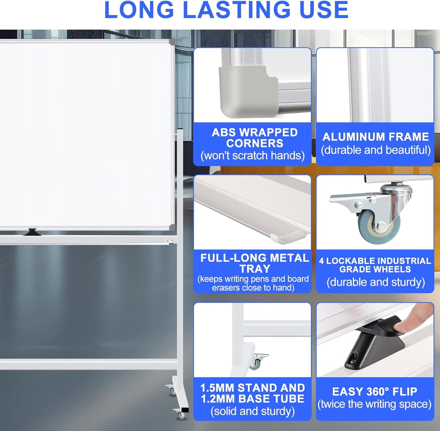 Mobile Magnet Whiteboard with Stand 60x36 Double-Sided Dry Erase Board with Stand - Magnetic Portable Standing Whiteboard - 5' x 3' Rolling White Boards with Easy Flip Feature