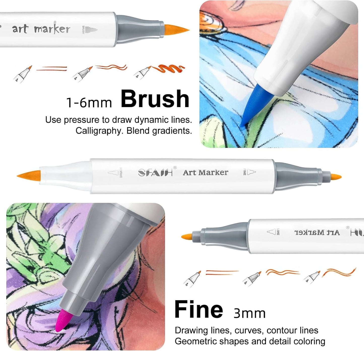 SFAIH Alcohol Markers Brush Tip & Fine Tip - 49 Colors Double Tipped Art Markers for Adult Coloring Books Illustration, Gifts for Artist Adult - Refillable Alcohol-based Ink