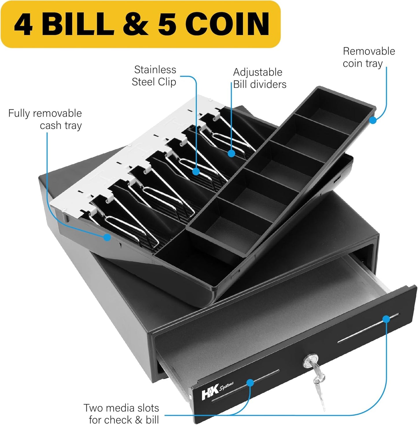 HK SYSTEMS 13inch Heavy Duty Manual Push-Open Cash Drawer with 4Bill/5Coin, Removable Till, Two Medial Slots, Black
