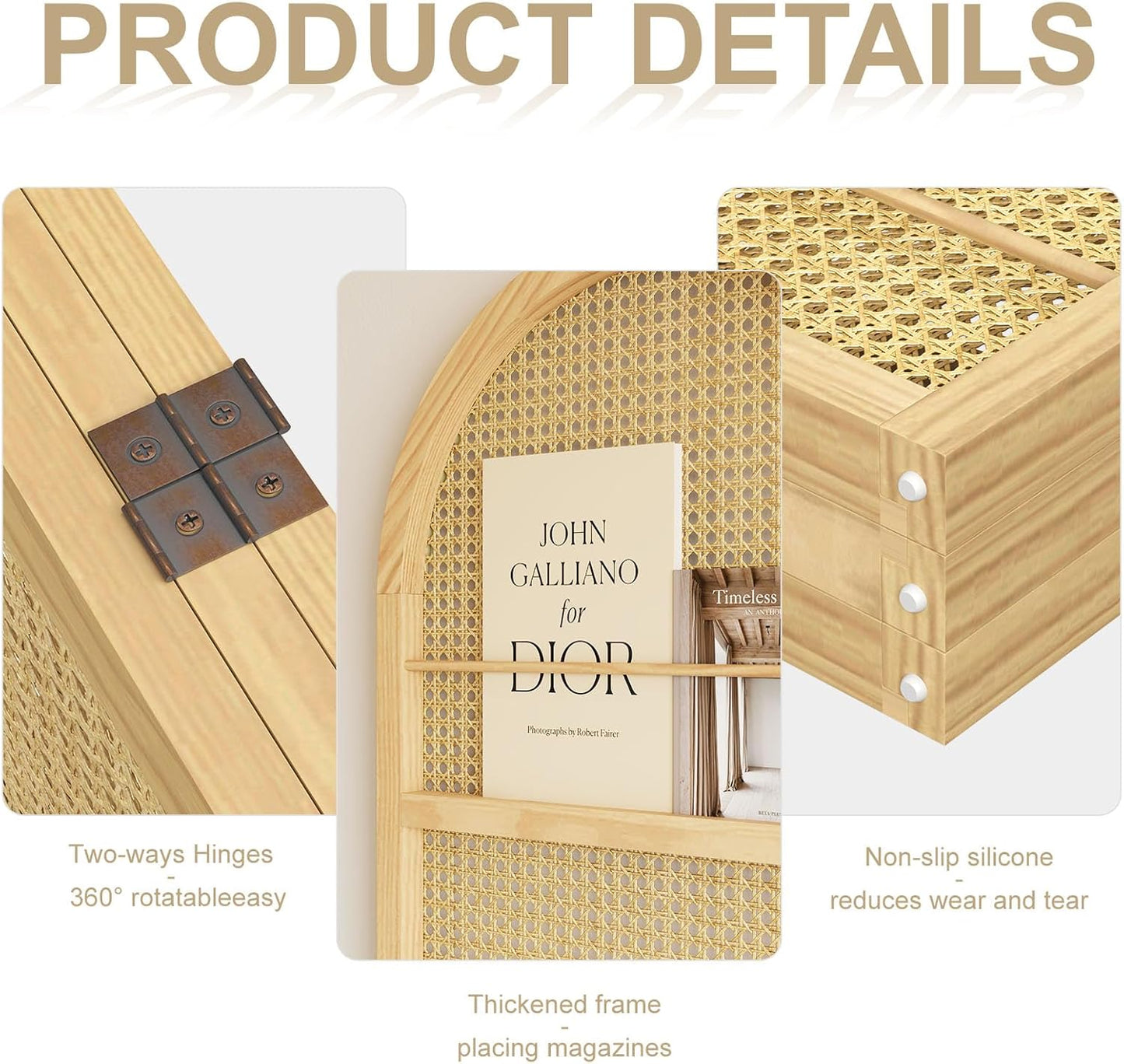 Rattan Room Divider with Built-in Bookshelf | Foldable Privacy Screen & Portable Partition for Home Office, Bedroom, Reading Nook | Wooden Frame, Freestanding Design (Natural-Rattan)