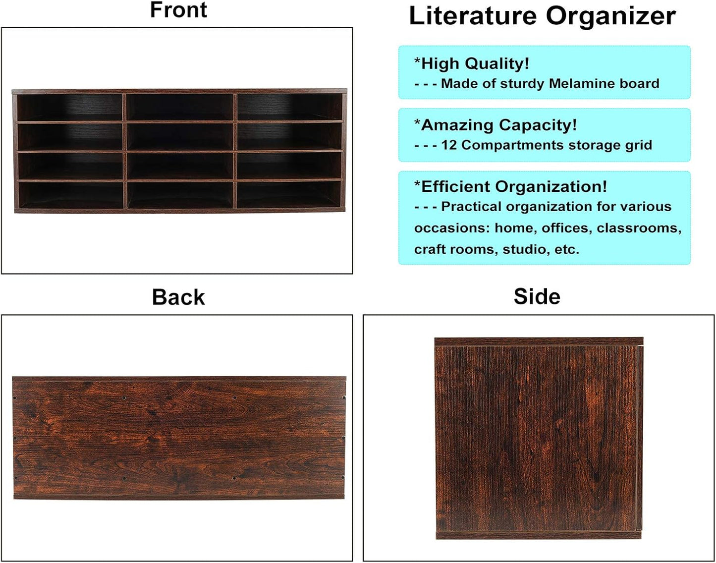 PAG Mail Sorter, Wood Countertop Literature Organizer, Student Mailbox for Classroom, Desktop Bill Paper Organizer for Office Home School, 12 Compartments, Brown