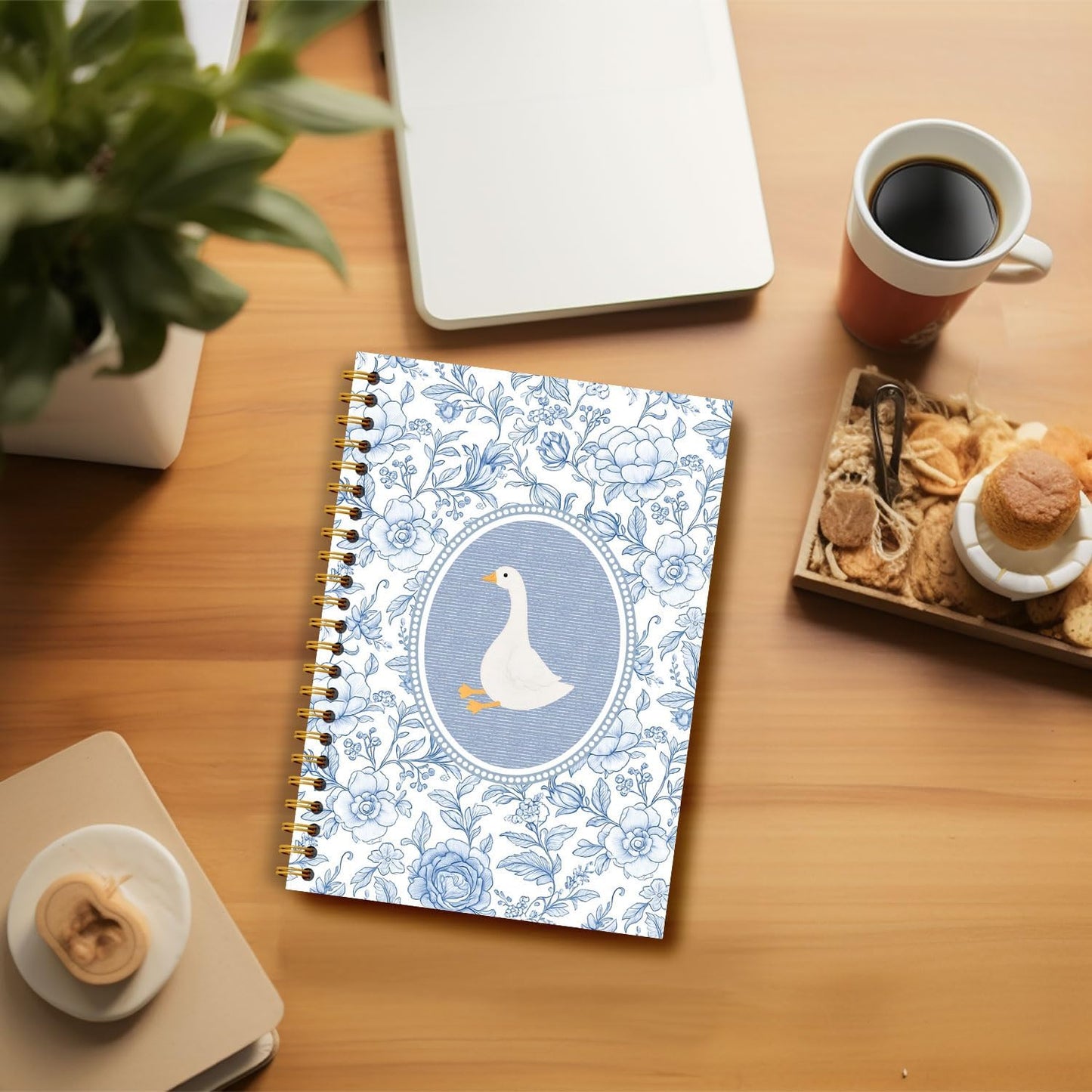 Guymn Blue and White Chinoiserie Goose Notebook, Grandmillennial Floral Goose Journal for Kids Girls, Geese Animal Lover Gifts Hardcover Spiral Notebooks Journals 5.5x8.3 Inch