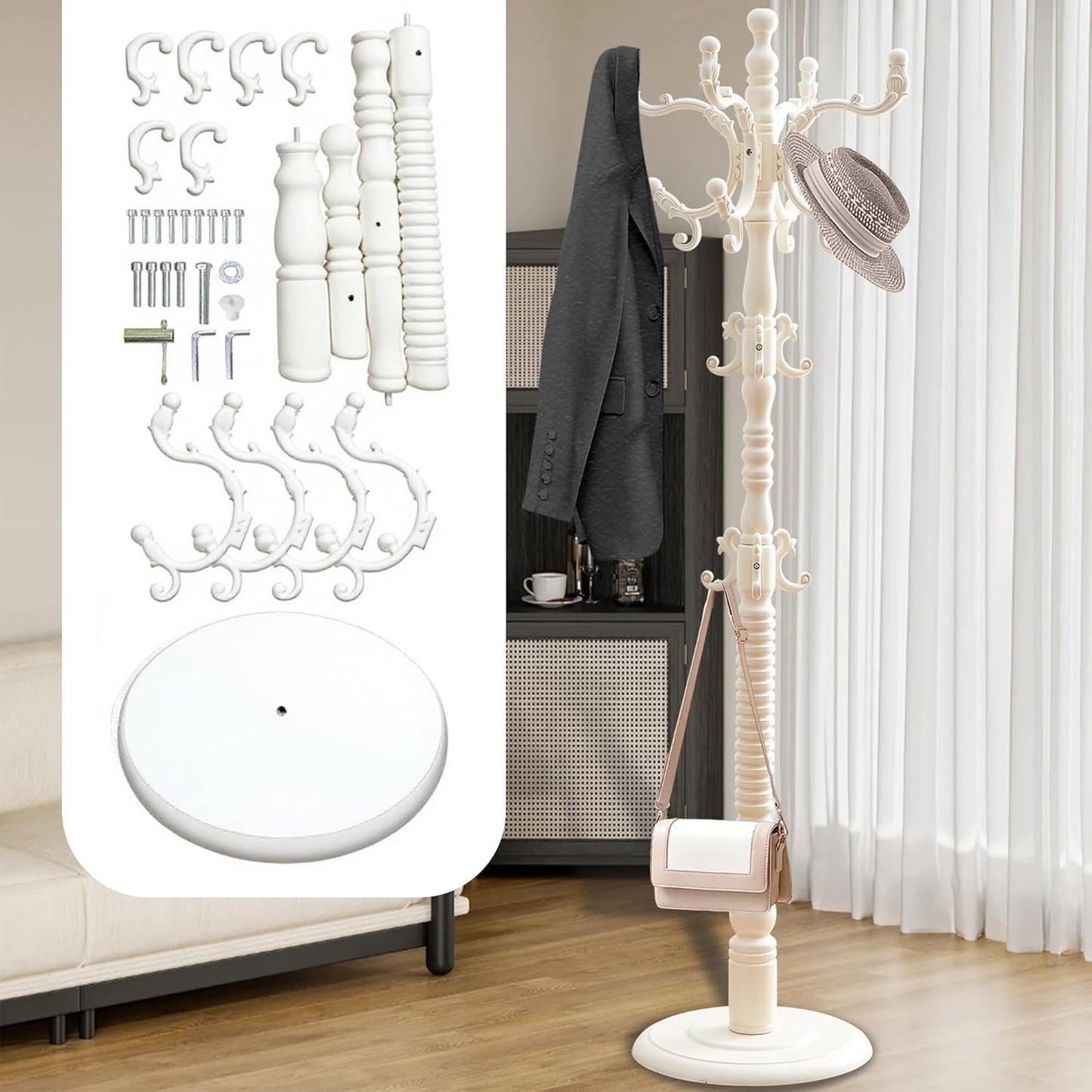 Wooden Coat Rack Free standing 18 Hooks, Vintage Coat Rack Stand for Entryway, Adjustable Height 73", Heavy Duty Coat Tree with Solid Round Base for Home Bedroom, Office (White style)