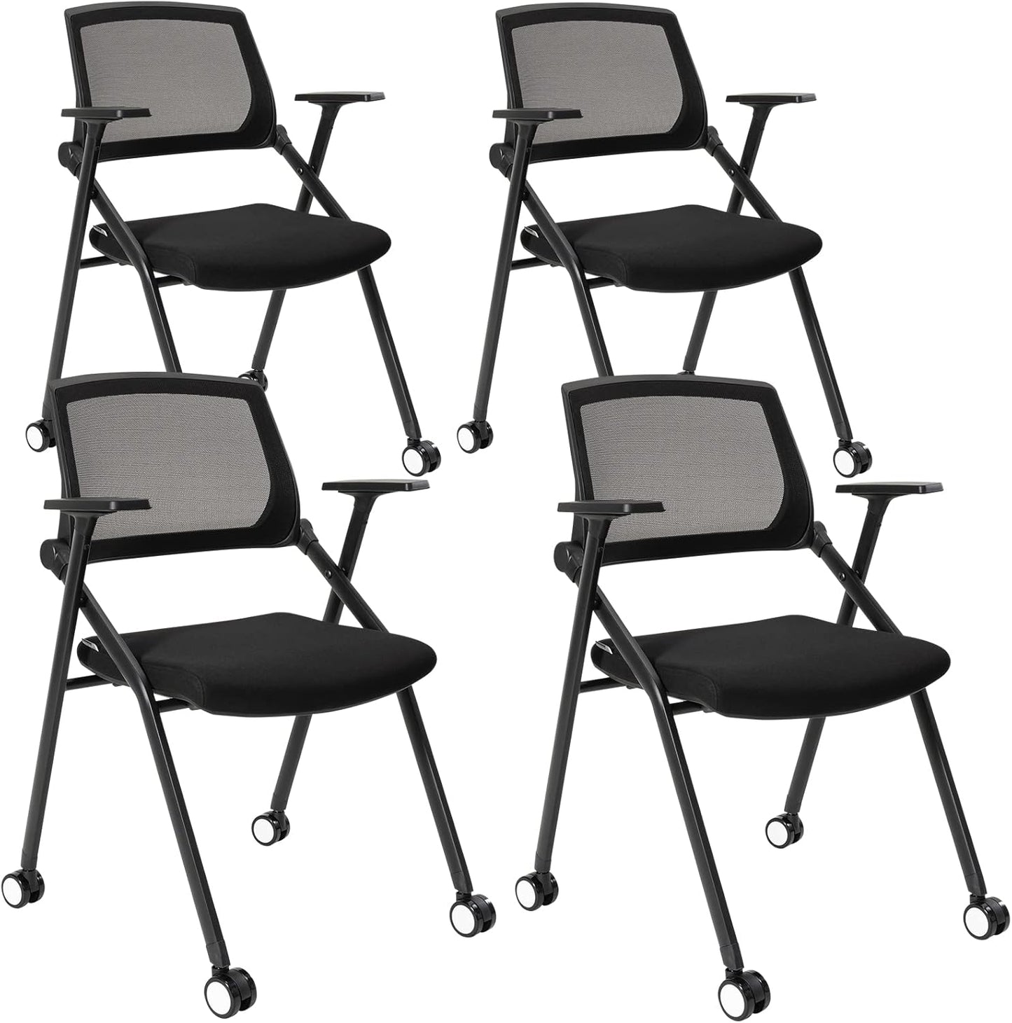 Home Office Chair Set of 4 Adjustable Armrest Ergonomic Mid-Back Breathable Mesh Foldable Conference Reception Chairs for School Waiting Room Small Space
