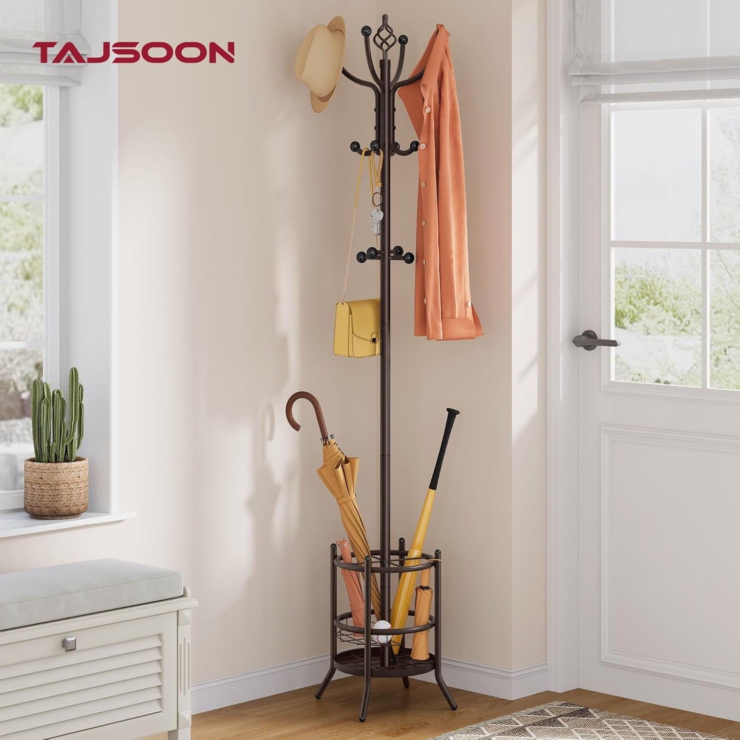 Tajsoon Coat Rack Stand with Umbrella Holder, Coat Tree Freestanding with 16 Hooks, Coat Hangers Stand for Living Room, Bedroom, Office, Brown