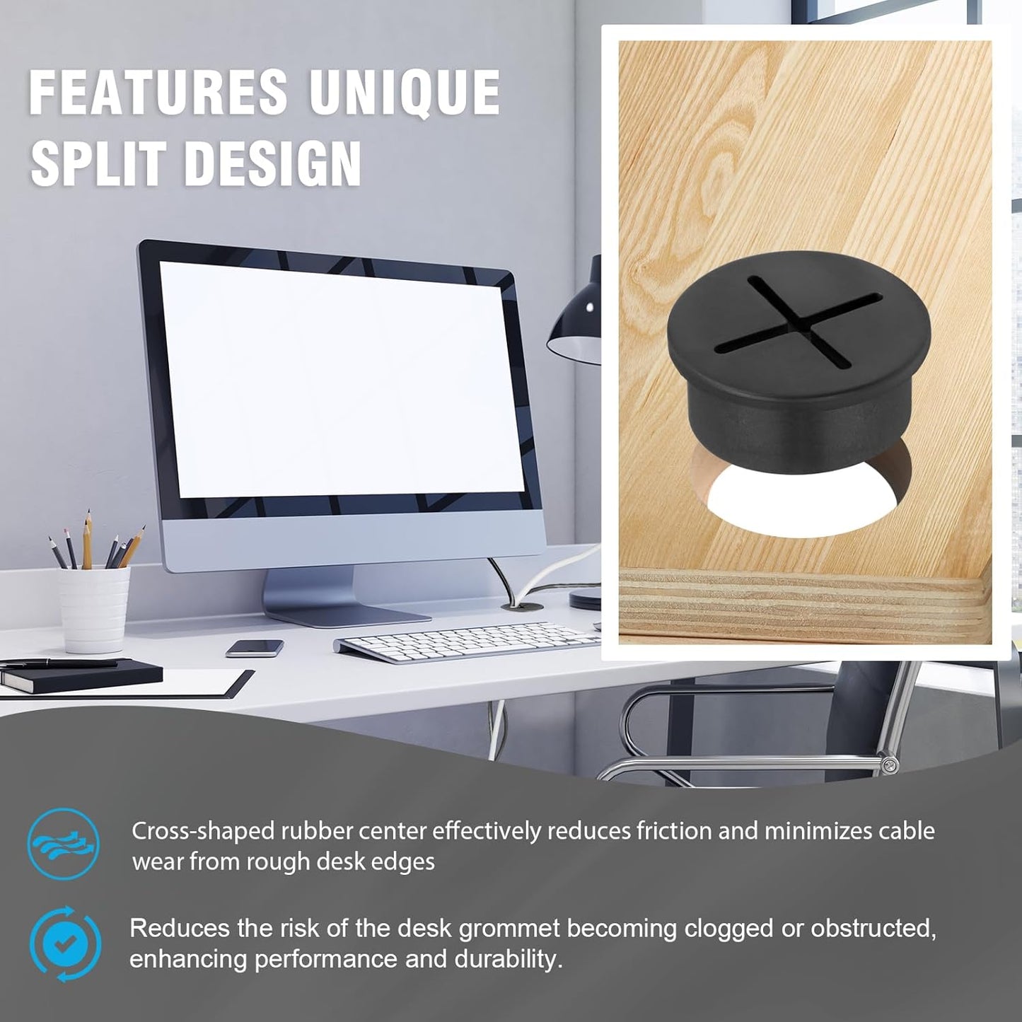 1" Black Desk Grommet, JTemgle Flexible Cable Grommet Cross Rubber Cable Hole Cover Wire Organizer Caps Desktop Cord Management for Home Office TV Stands Tabletops, 10 Pieces