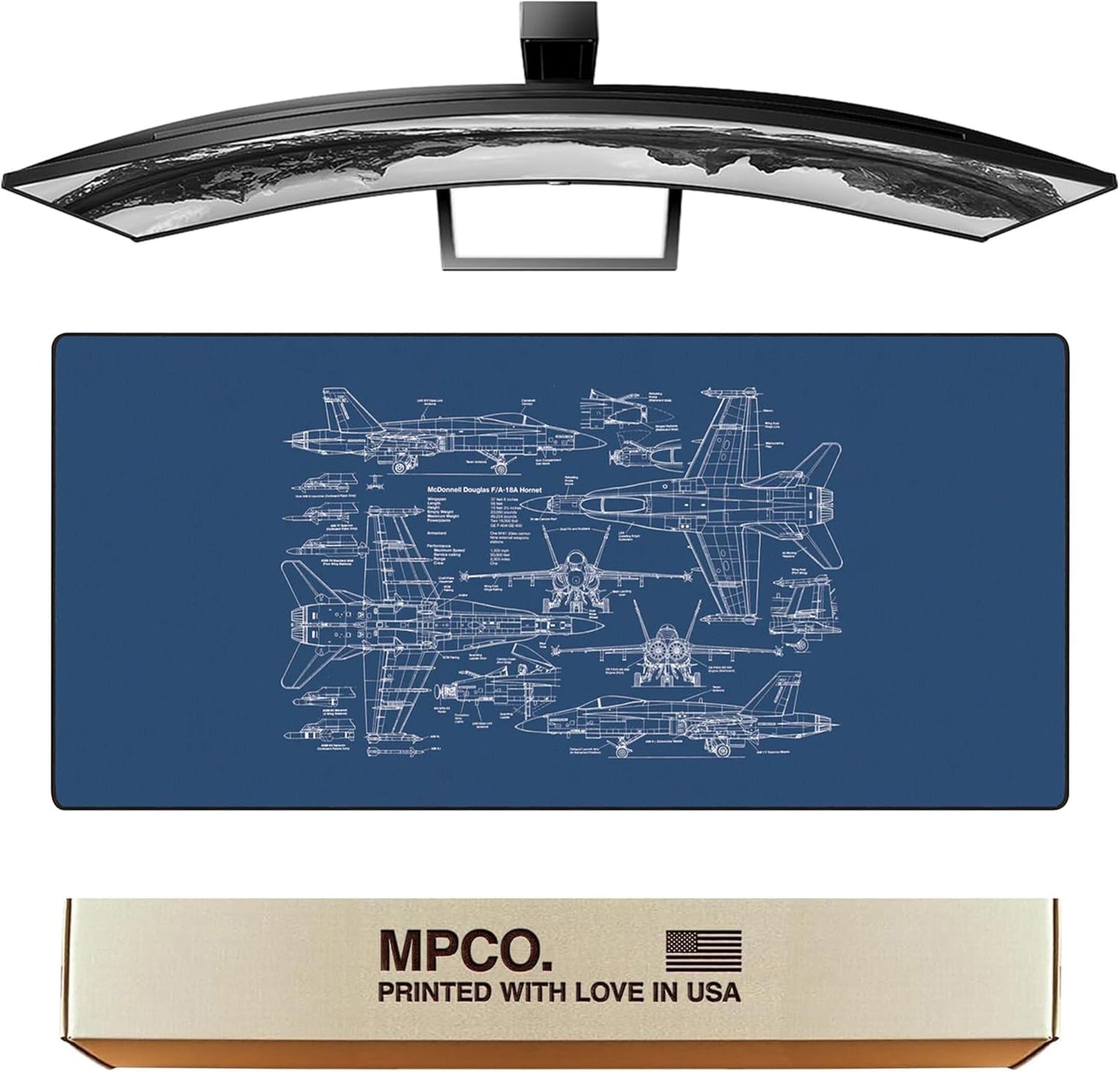 MPCO. Blueprints Large Gaming Desk Pad - 36" x 17" Aeroglyde Fabric Browning 1911 – White Desk Mats - Non-Slip, Washable, Smooth Glide for Precision Gaming & Work