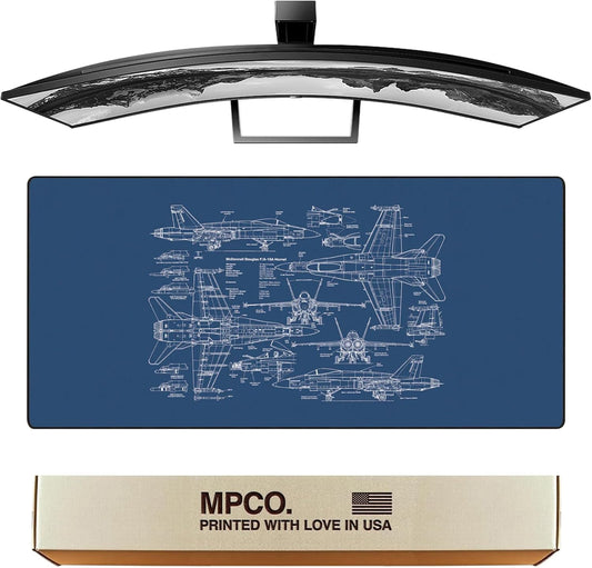 MPCO. Blueprints Large Gaming Desk Pad - 36" x 17" Duraglyde Fabric 18A Hornets – Blue Desk Mats - Non-Slip, Washable, Smooth Glide for Precision Gaming & Work