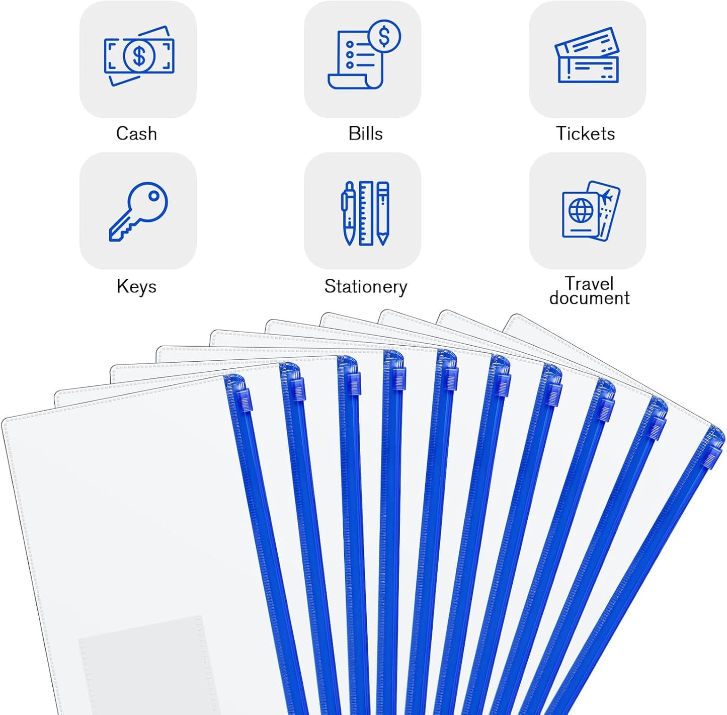 Marspark 100 Pieces Clear Pencil Case Zipper Envelope Bulk with Label Pocket Clear Plastic Envelopes with Zippered, A6 Pencil Bags for Cash, School Office Supplies, 9.2 x 4.7 Inches(Blue)