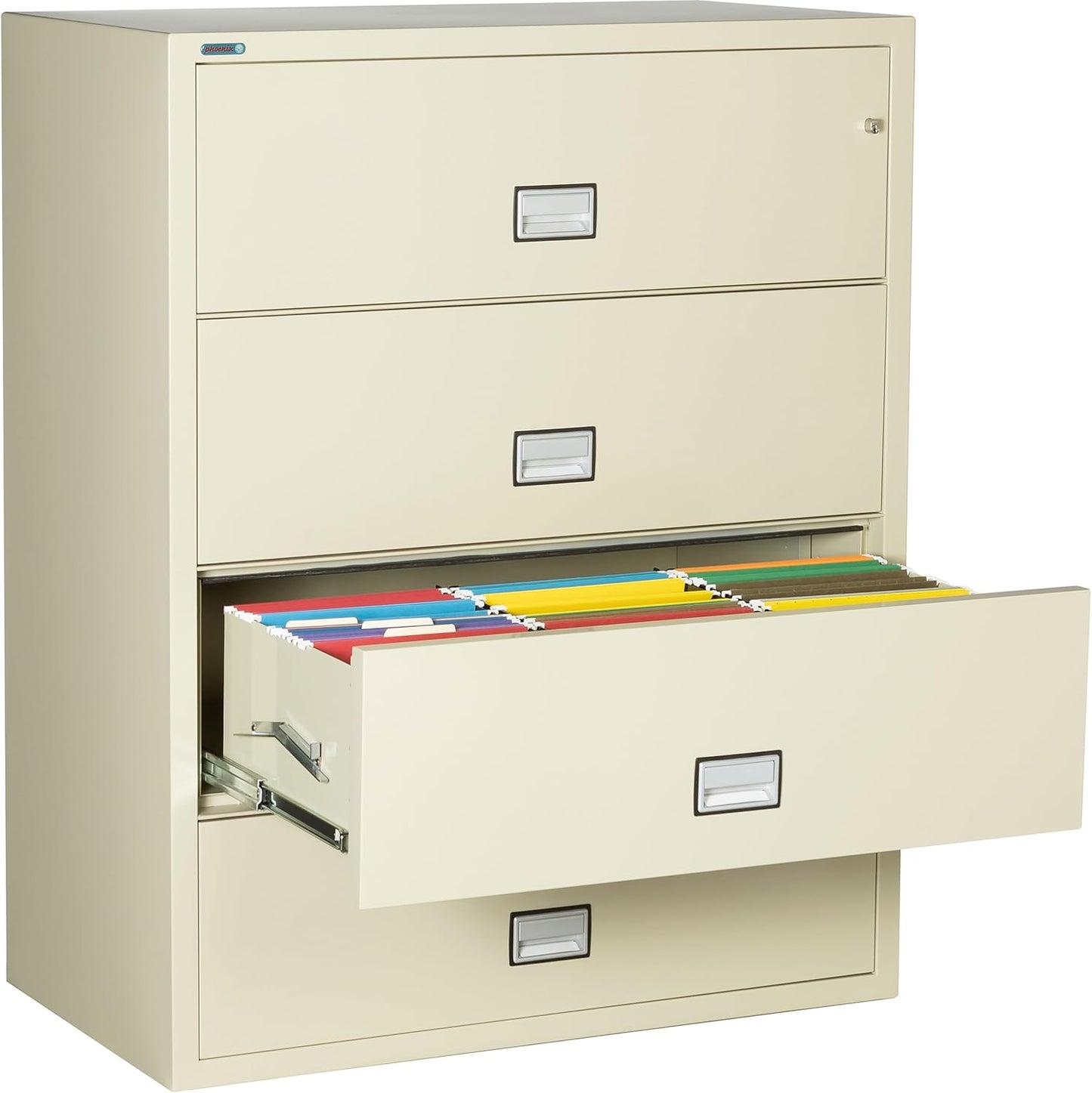 44 inch Wide 4-Drawer Lateral Fireproof File Cabinet – Legal and Letter Size Filing – Key Lock – Water Resistant – Fire Safe and Impact Rated – Putty Finish – Model LAT4W44P