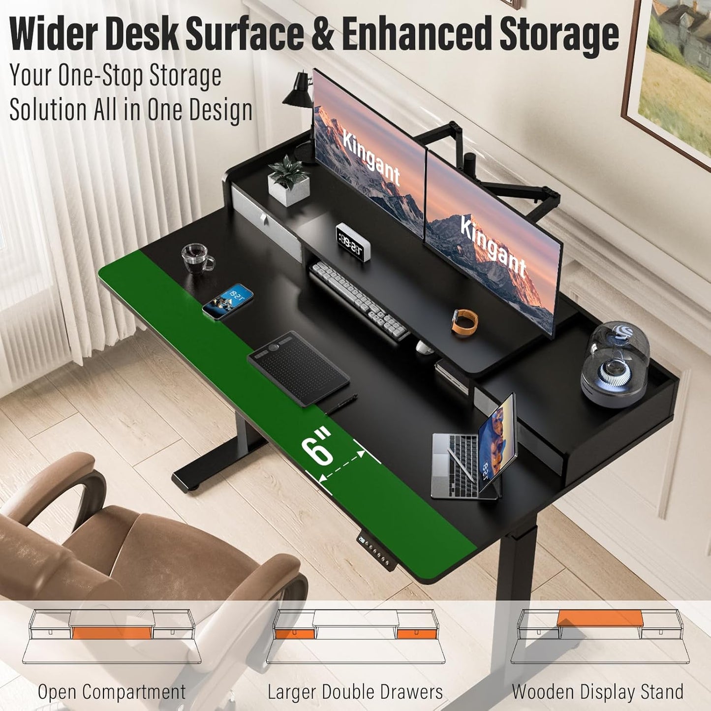Standing Desk with Drawers,Thickened Table Legs Sit Stand Desk Electric for Home Office & Gaming,Ergonomic Stand Up Desk Cable Management Tray(Classic Black) (Classic Black, 55″ x 30″)