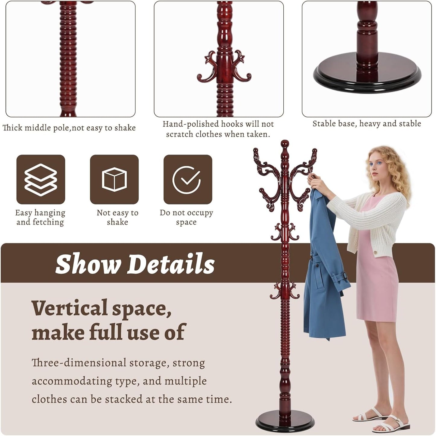Wooden Coat Rack Freestanding with Resin Hooks, Adjustable Heavy Duty Stand for Hanging Coats, Bags, Hats, and Umbrellas in Living Room, Bedroom, Entryway (Rosewood color)