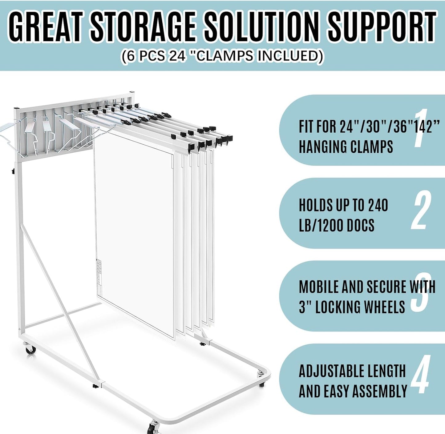 Estune Mobile Blueprint Holder Rack, Adjustable Mobile Blueprint Holder with 6 24 in Hanging Clamps 4 Wheels Poster Display Rack Storage Organizer Stand for File Display Plan Office Home(Silver)