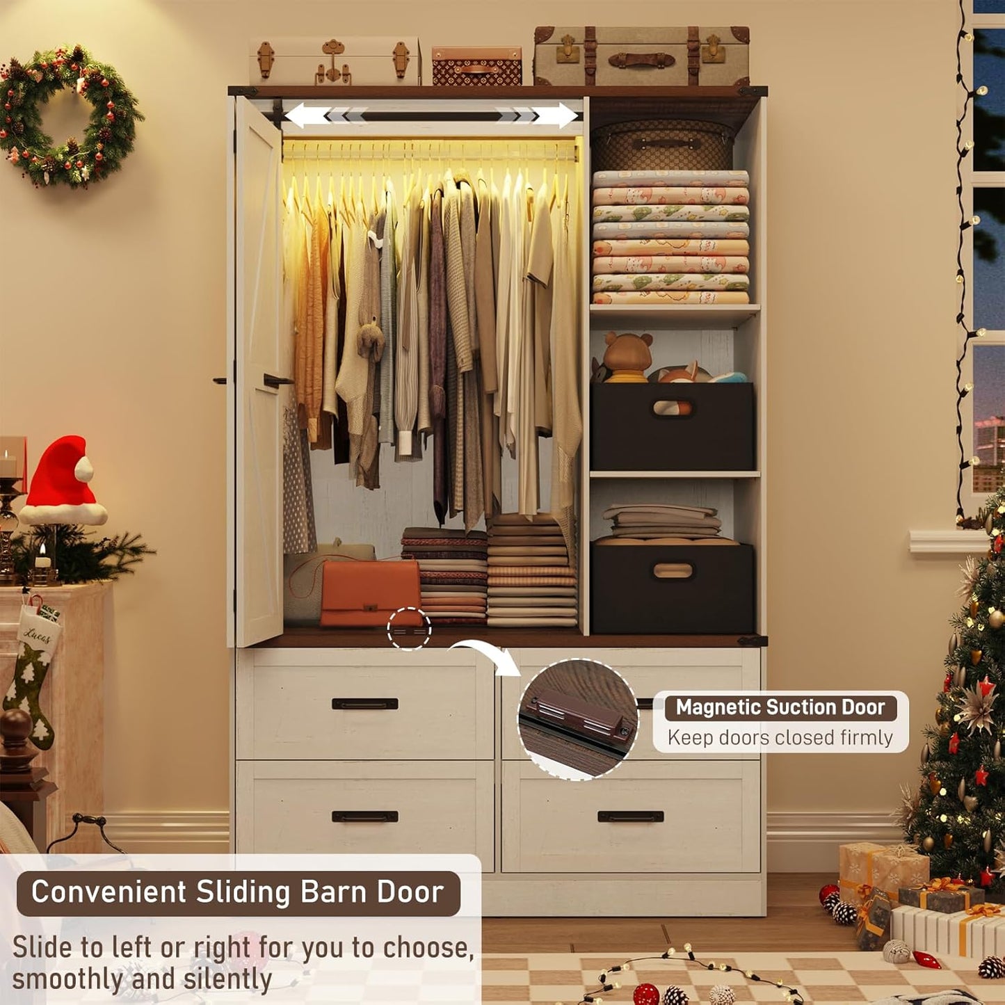 Farmhouse 3 Doors Armoire Wardrobe Closet w/Folding Sliding Barn Door and Lights, LED Armoire Closet w/Drawers for Bedroom, Freestanding Wooden Wardrobe Storage Closets w/Hanging Rod,Antique White