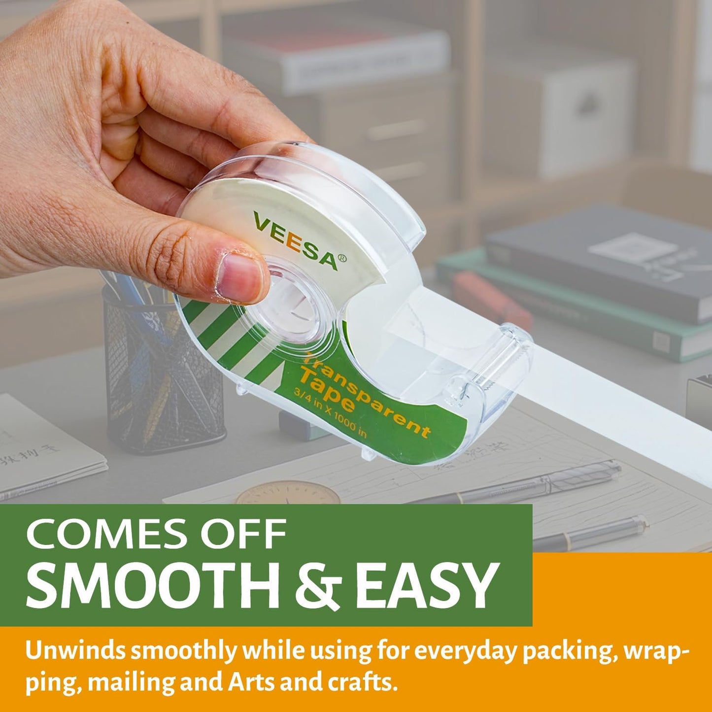 VEESA Transparent Tape with Dispenser, 3/4 x 1000 Inches, 12 Rolls Clear Tapes for Craft Jobs, Home & School Supplies