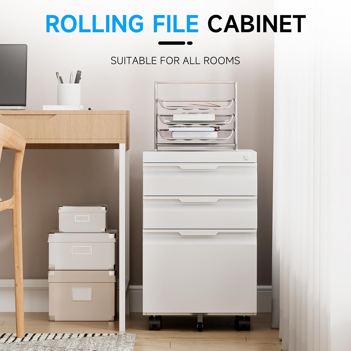 Bestoo 3 Drawer Mobile File Cabinet, Metal Filing Cabinets with Lock Wheels Under Desk, Lockable Rolling File Cabinet for Home Office, Fit Letter/Legal/A4 Size (White)