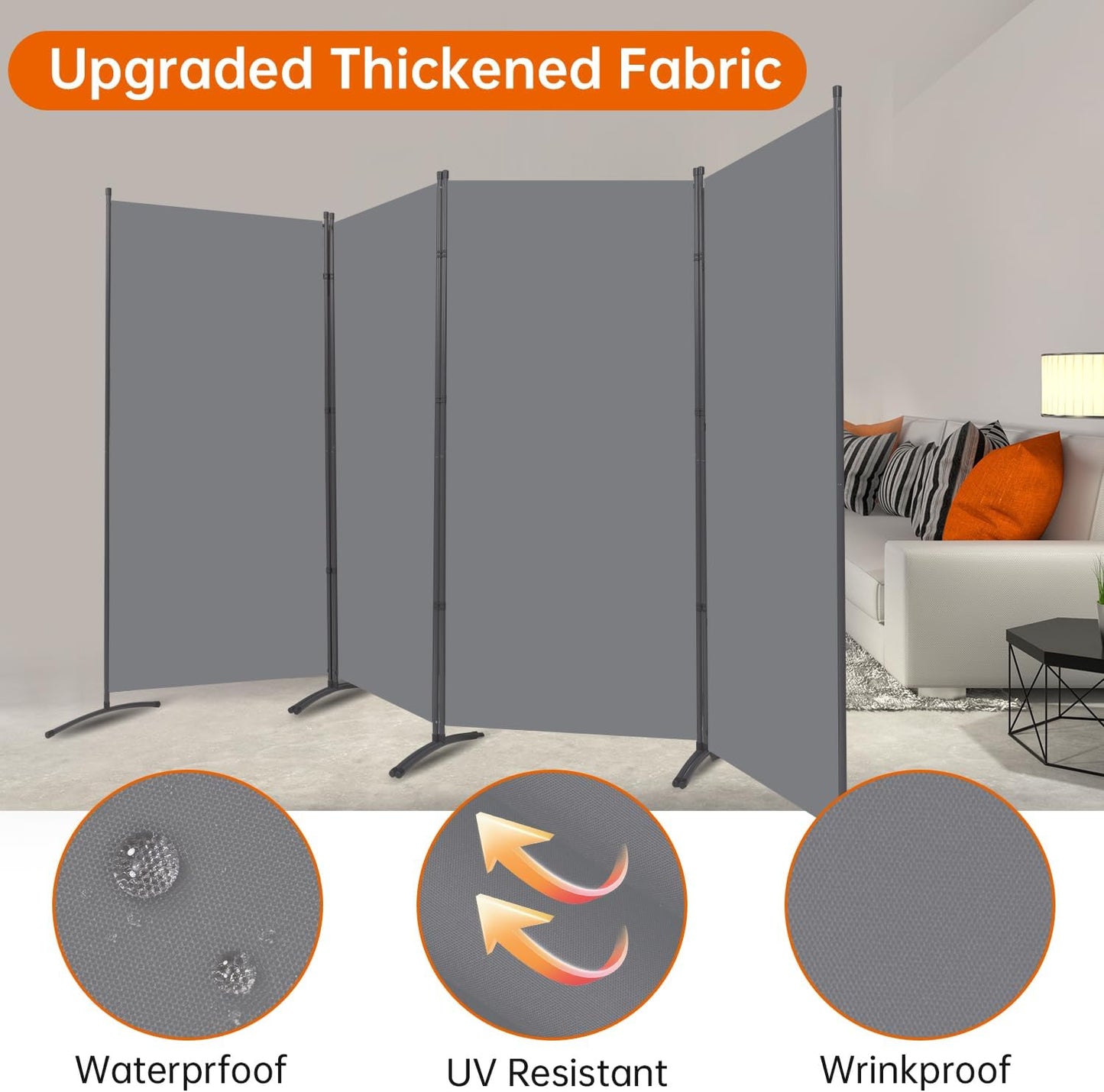 Room Divider 6FT Folding Privacy Screens, Partition Room Dividers w/Freestanding Design, Portable Wall Divider for Room Separtation, Fabric Screen Panel for Home Office Dorm (Grey, 4 Panel)