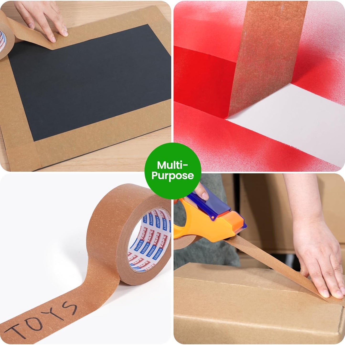 ADHES Kraft Paper Tape, 2 Inch x 60 Yards x 3 Rolls, Biodegradable Paper Packing Tape Writable & Uncoated Brown Shipping Tape for Shipping, Moving, Sealing