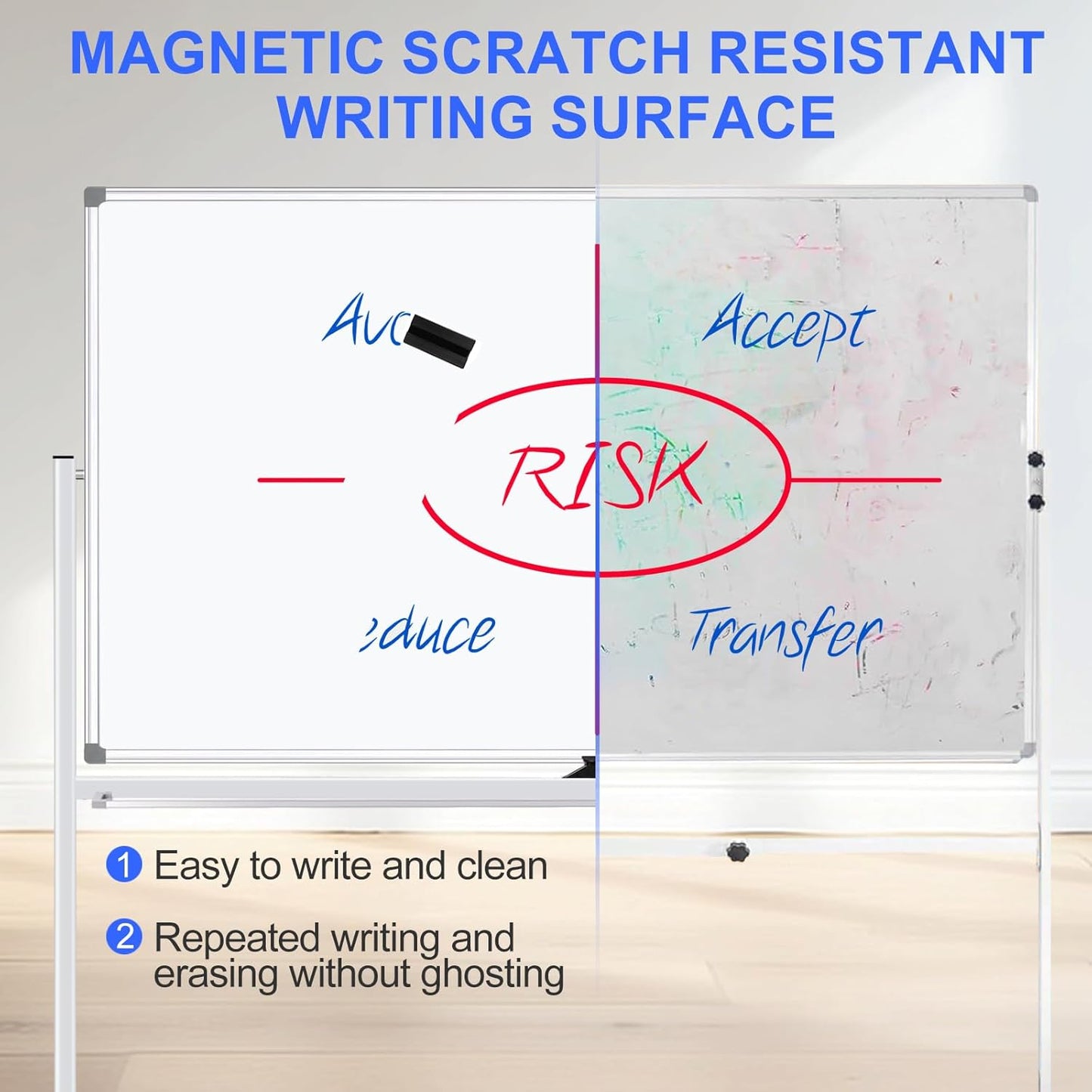 Mobile Magnet Large Whiteboard with Stand 72x40 Double-Sided Dry Erase Board with Stand - Magnetic Portable Standing Whiteboard - Rolling White Boards with Easy Flip Feature