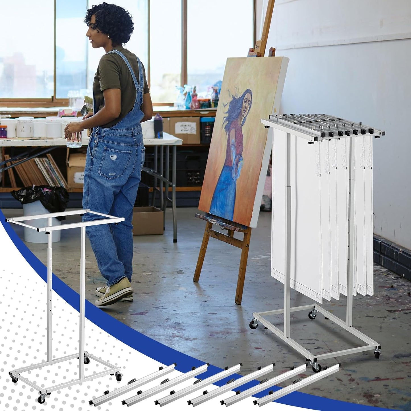 Mobile Blueprint Storage Rack Adjustable Holder with 6 Pcs Blueprint Clamps 4 Wheels Storage Organizer Stand for File Display Plan Office Home(30 Inch)