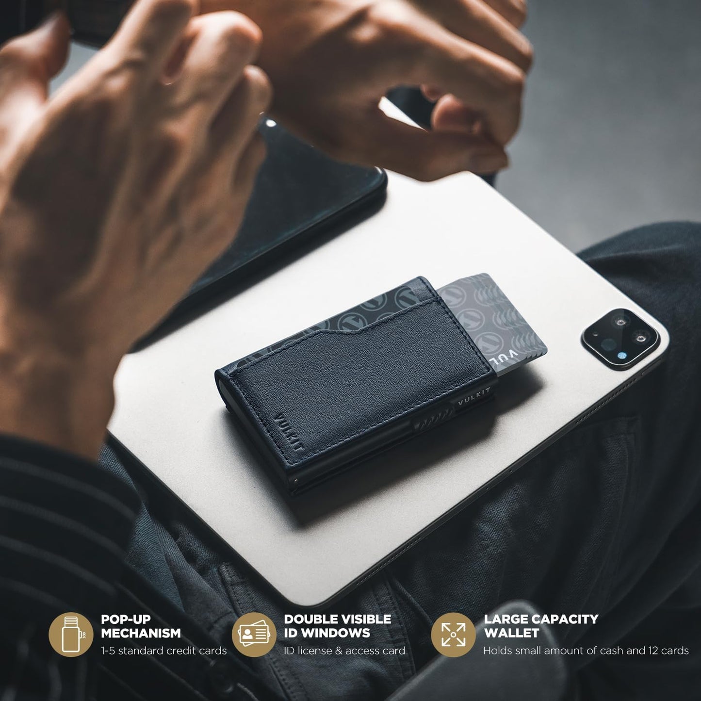 VULKIT Card Holder Wallet with Double ID Windows RFID Blocking Pop Up Wallet Minimalist Design for 12 Cards