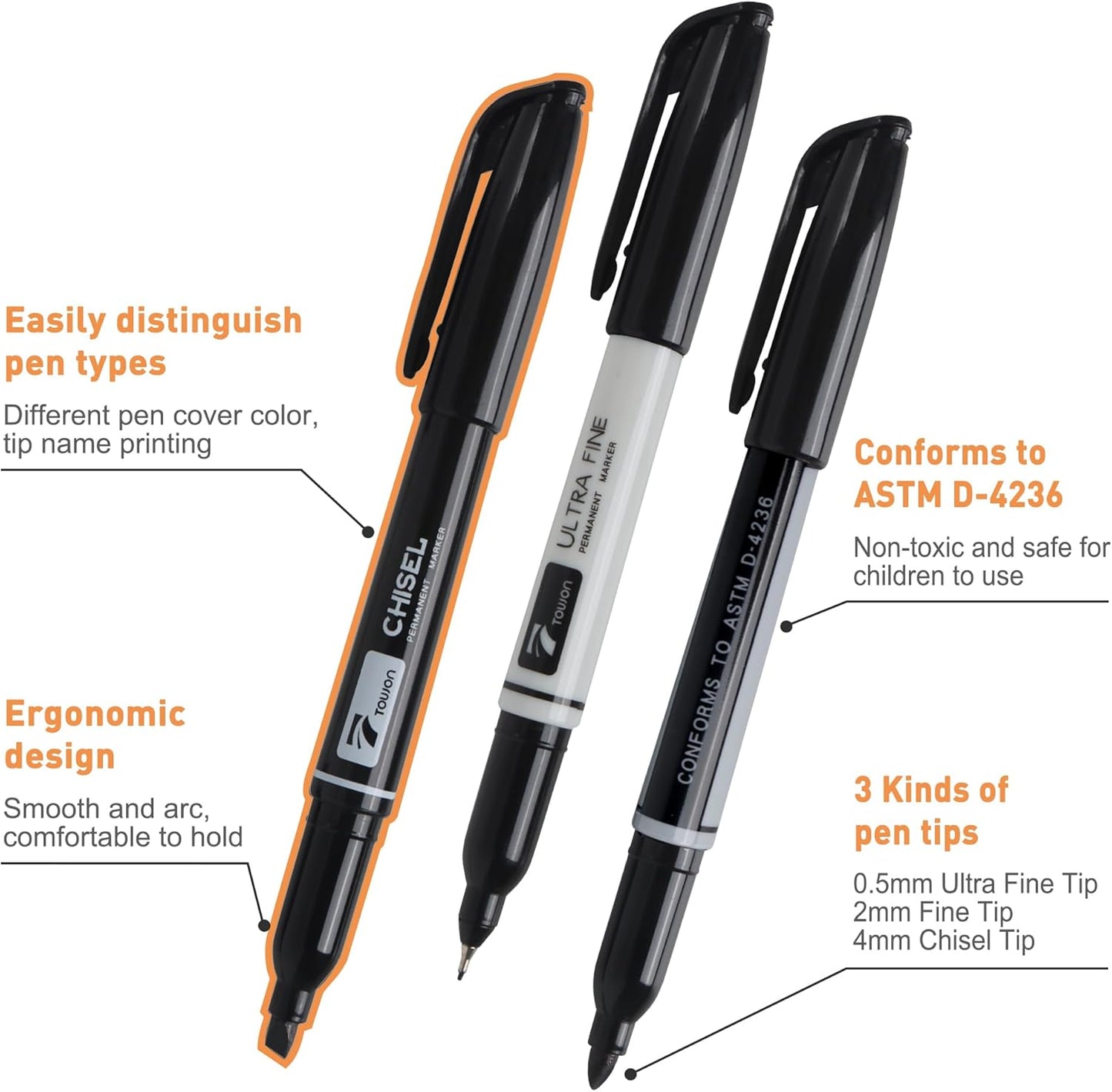 12 Black Permanent Markers with Bag - Waterproof Quick Drying Pens Set 8 Fine Tip, 2 Ultra Fine, 2 Chisel Tip Office Home School Supplies for Adults Writing Doodling Marking