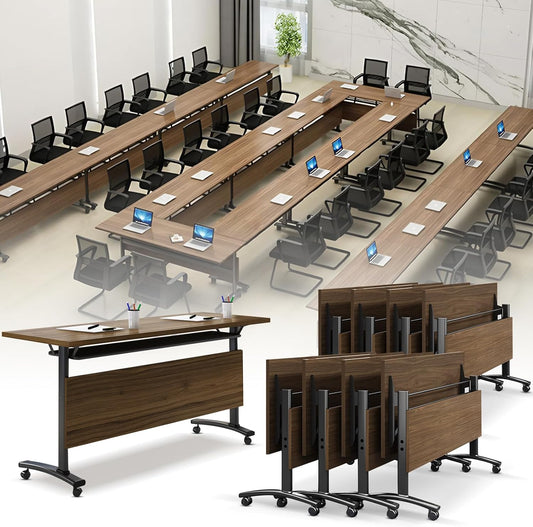 Folding Conference Room Table, Modern Conference Tables with Wheels, Large Rectangular Mobile Training Tables for Office Classroom, Foldable Modular Boardroom Seminar Table Walnut (8pack L70.9in)