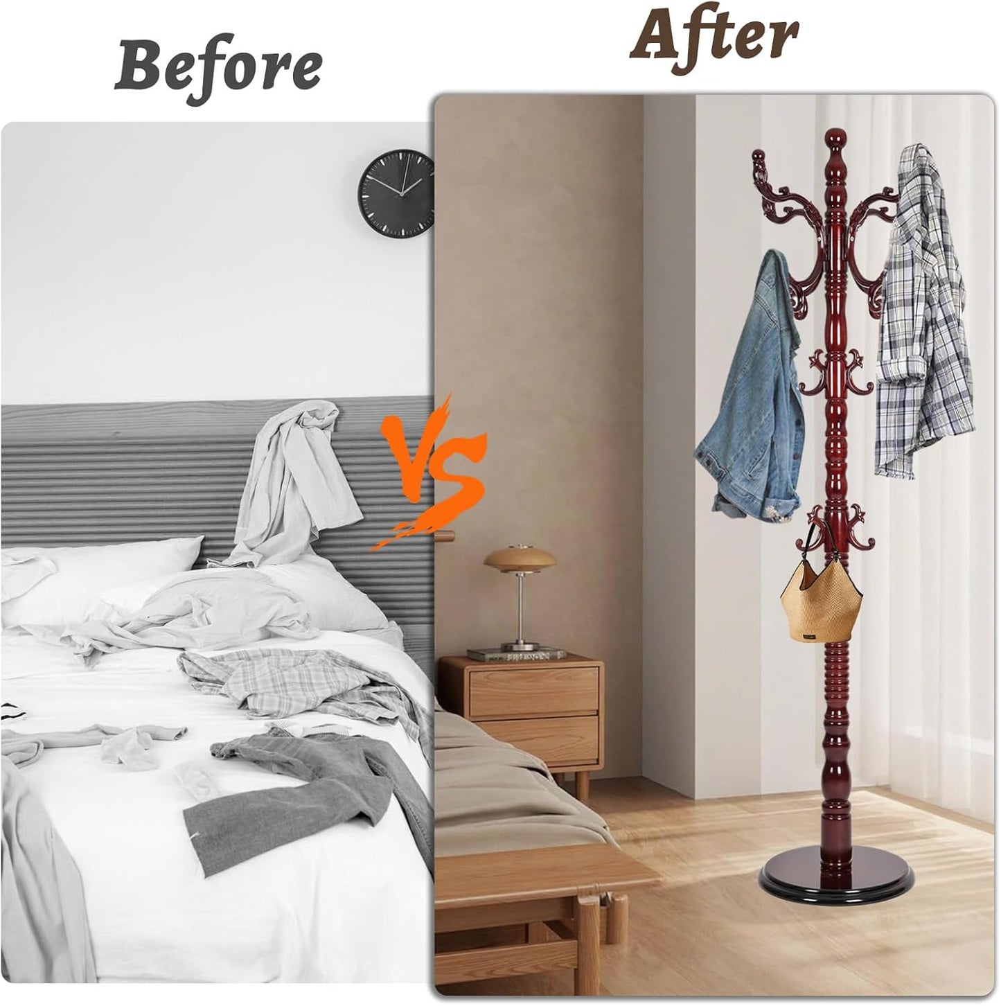 Wooden Coat Rack Freestanding with Resin Hooks, Adjustable Heavy Duty Stand for Hanging Coats, Bags, Hats, and Umbrellas in Living Room, Bedroom, Entryway (Rosewood color)