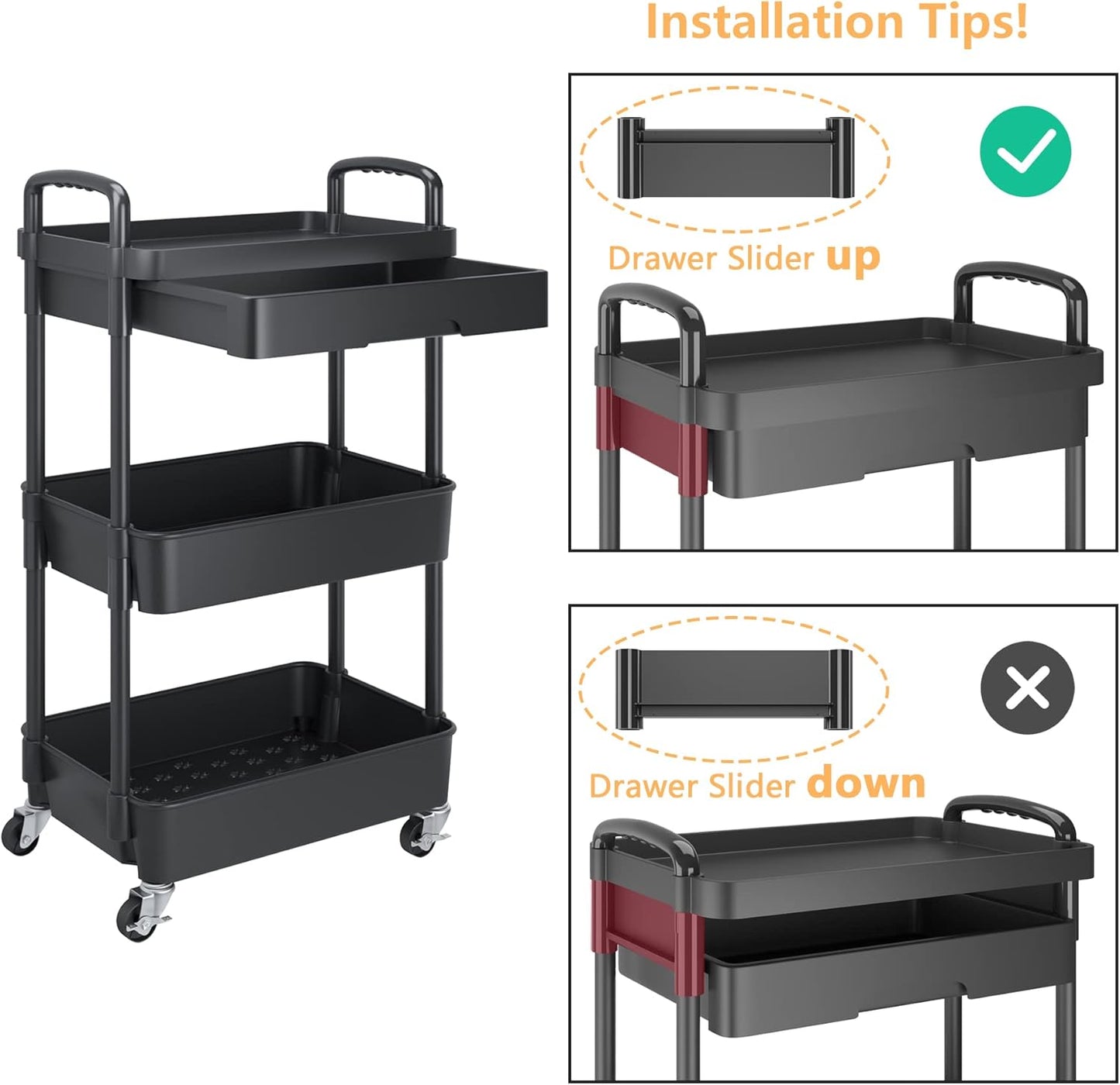 Calmootey 3-Tier Rolling Utility Cart with Drawer,Multifunctional Storage Organizer with Plastic Shelf & Metal Wheels,Storage Cart for Kitchen,Bathroom,Living Room,Office,Black