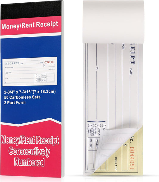 Crtiin 1 Pad Money and Rent Receipt Book 2.75 x 7.2 Inch Bound Cover 2 Part Carbonless Receipt Book with Carbonless Copies Receipt Log Book 50 Sets Per Book